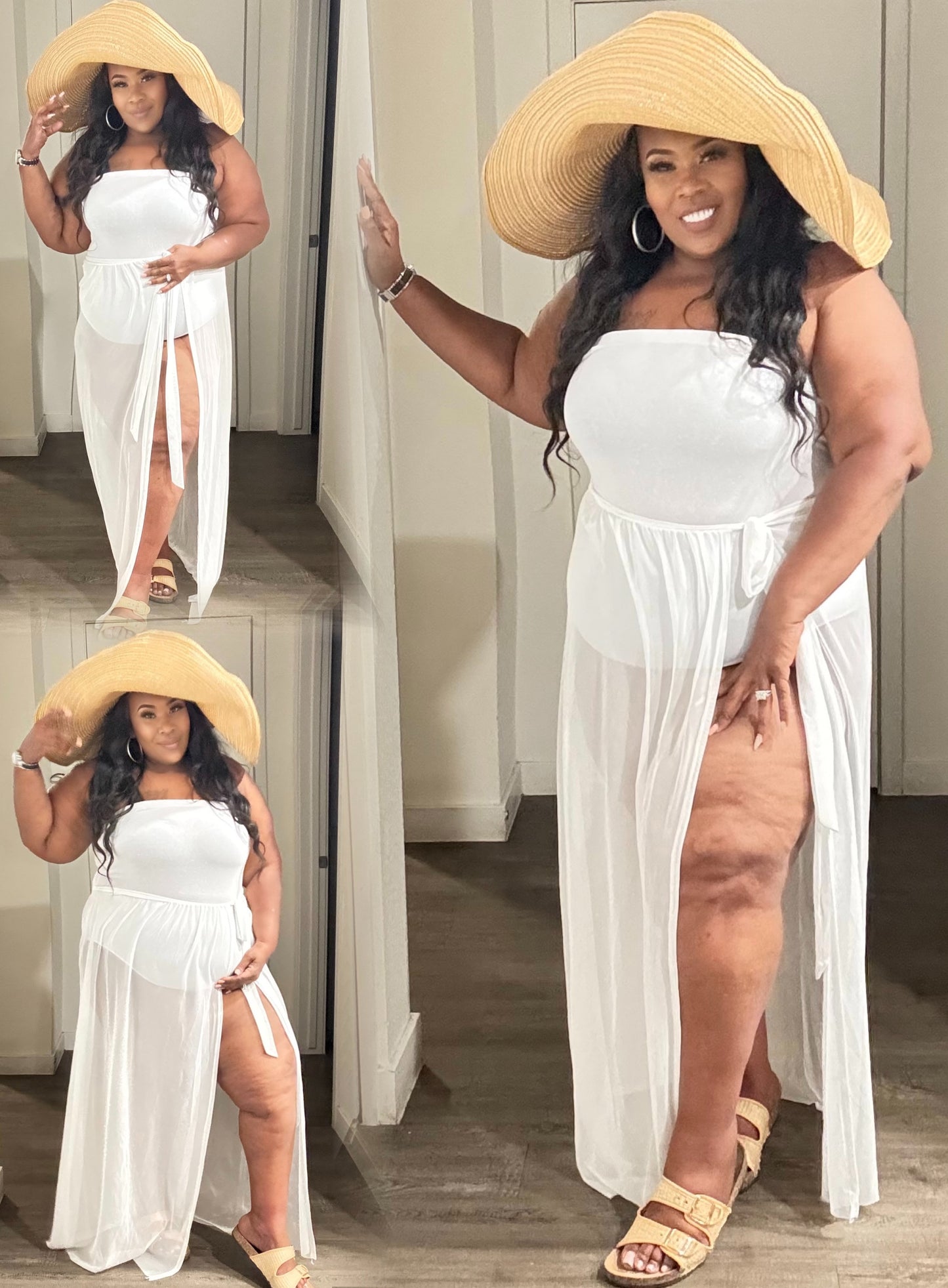 PLUS SIZE 2-PIECE HALTER BODYSUIT & MESH TIE SKIRT/COVER-UP