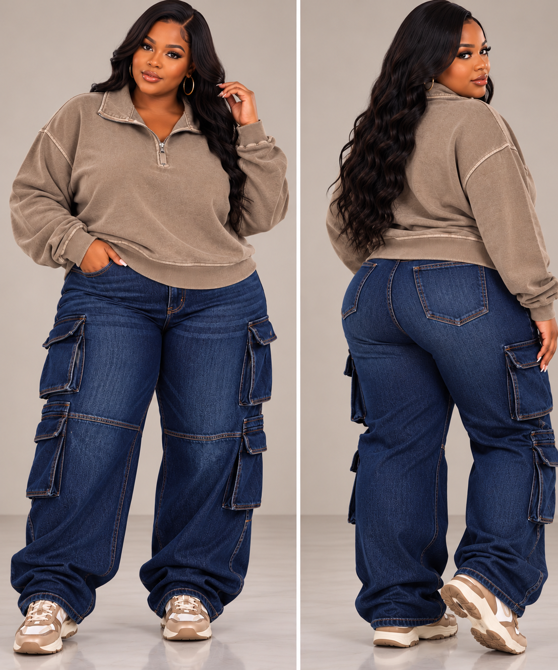 PLUS SIZE MINERAL WASHED ZIP COLLAR SWEATSHIRT-MOCHA
