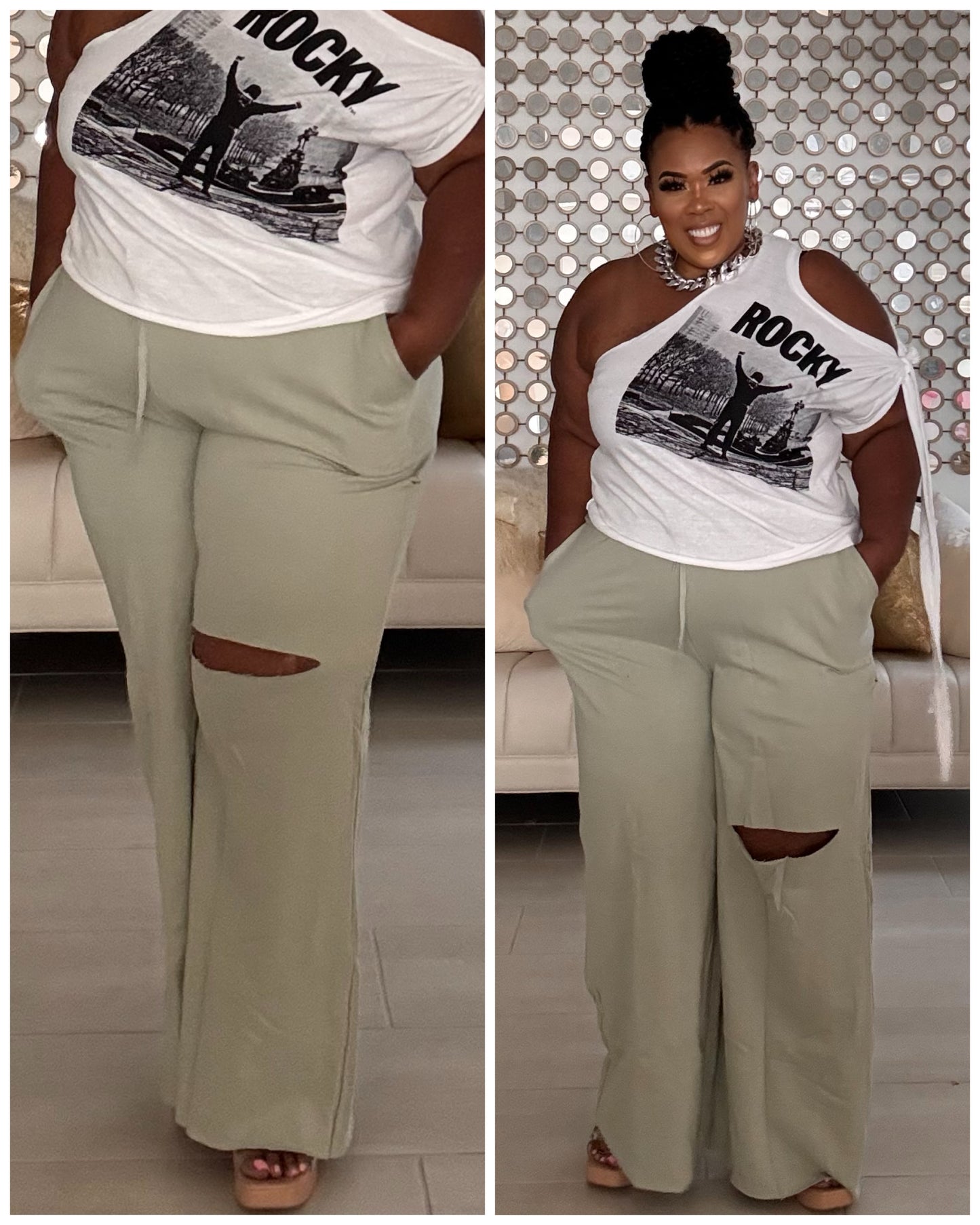 PLUS SIZE WIDE LEG SLICED KNEE -POCKET PANTS-SAGE