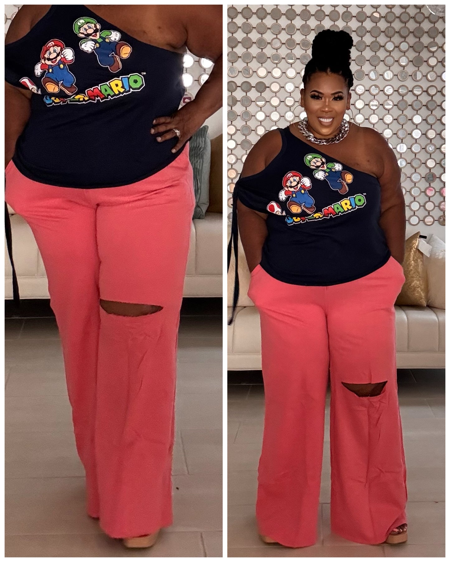 PLUS SIZE WIDE LEG SLICED KNEE -POCKET PANTS-NEON CORAL