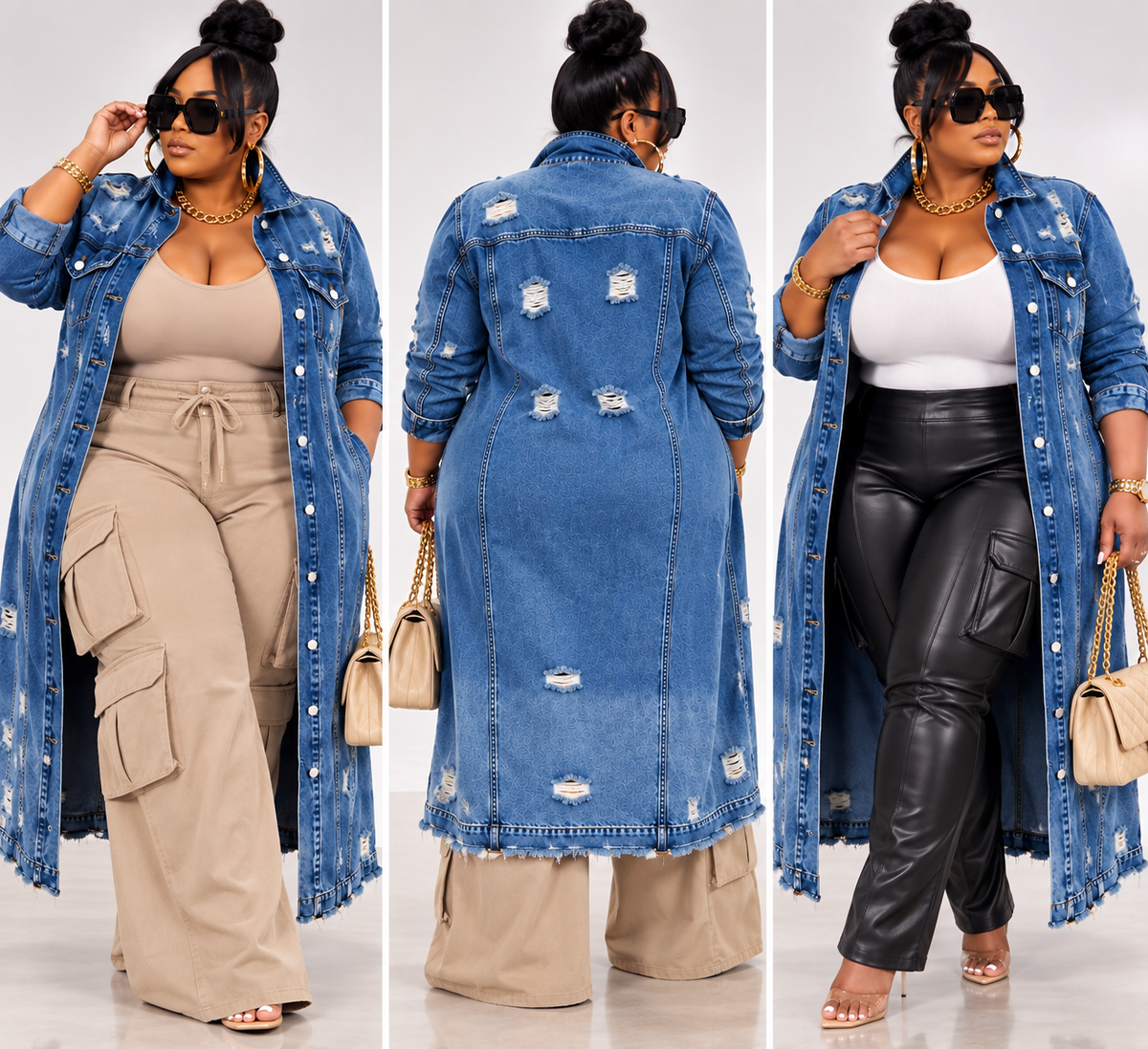 PLUS SIZE "BIG PRESSURE" DENIM TRENCH JACKET-BLUE