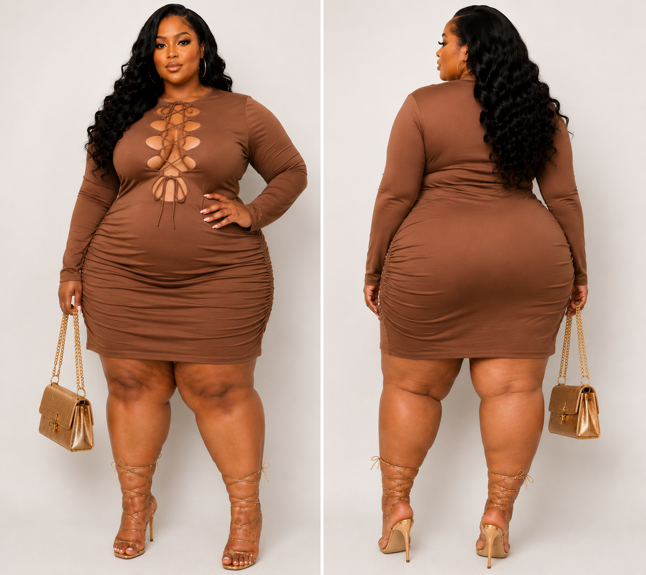 PLUS SIZE LONG SLEEVE FRONT CUT OUT BODYCON MINI DRESS