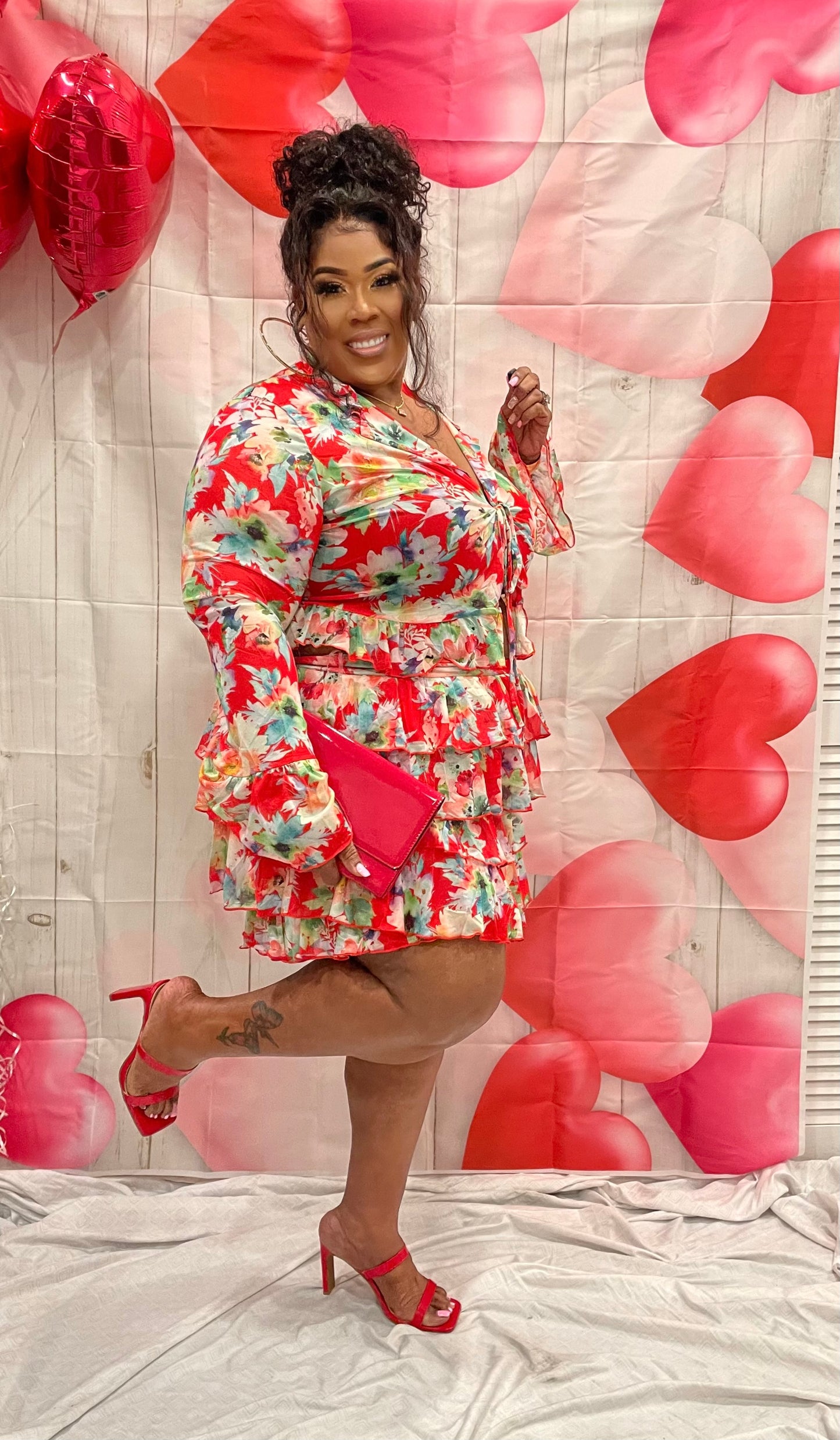 Plus Size 2-Piece Red Floral Ruffle Skirt Set
