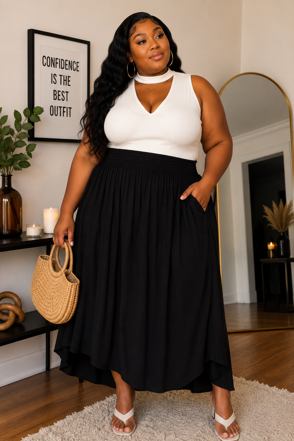 PLUS SIZE Crinkle smocked waist side slit maxi skirt w/pockets-BLACK