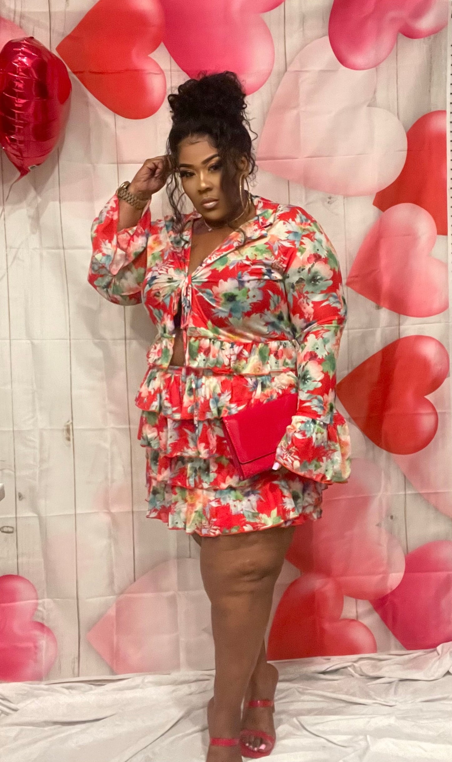 Plus Size 2-Piece Red Floral Ruffle Skirt Set