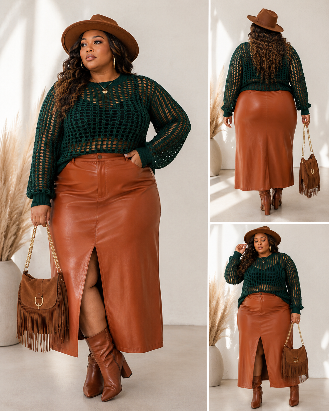 PLUS SIZE FAUX LEATHER MAXI FRINT SLIT MAXI SKIRT