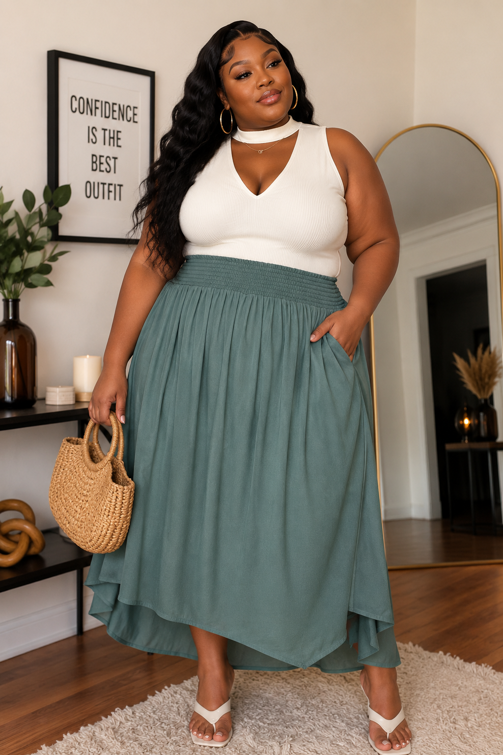 PLUS SIZE Crinkle smocked waist side slit maxi skirt w/pockets-ASH JADE