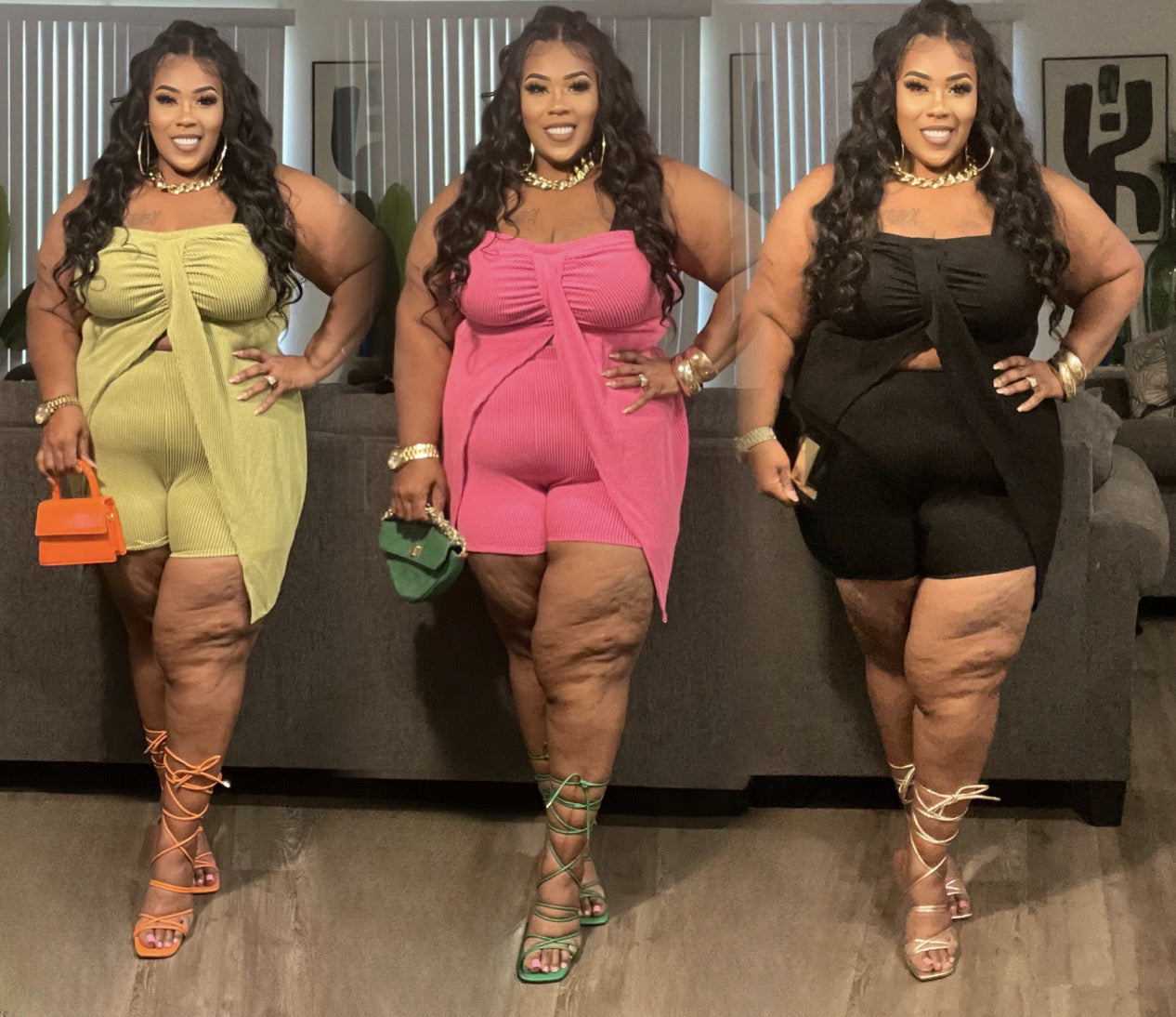 PLUS SIZE RIBBED HALTER TOP & 2-PIECE SHORT SET-