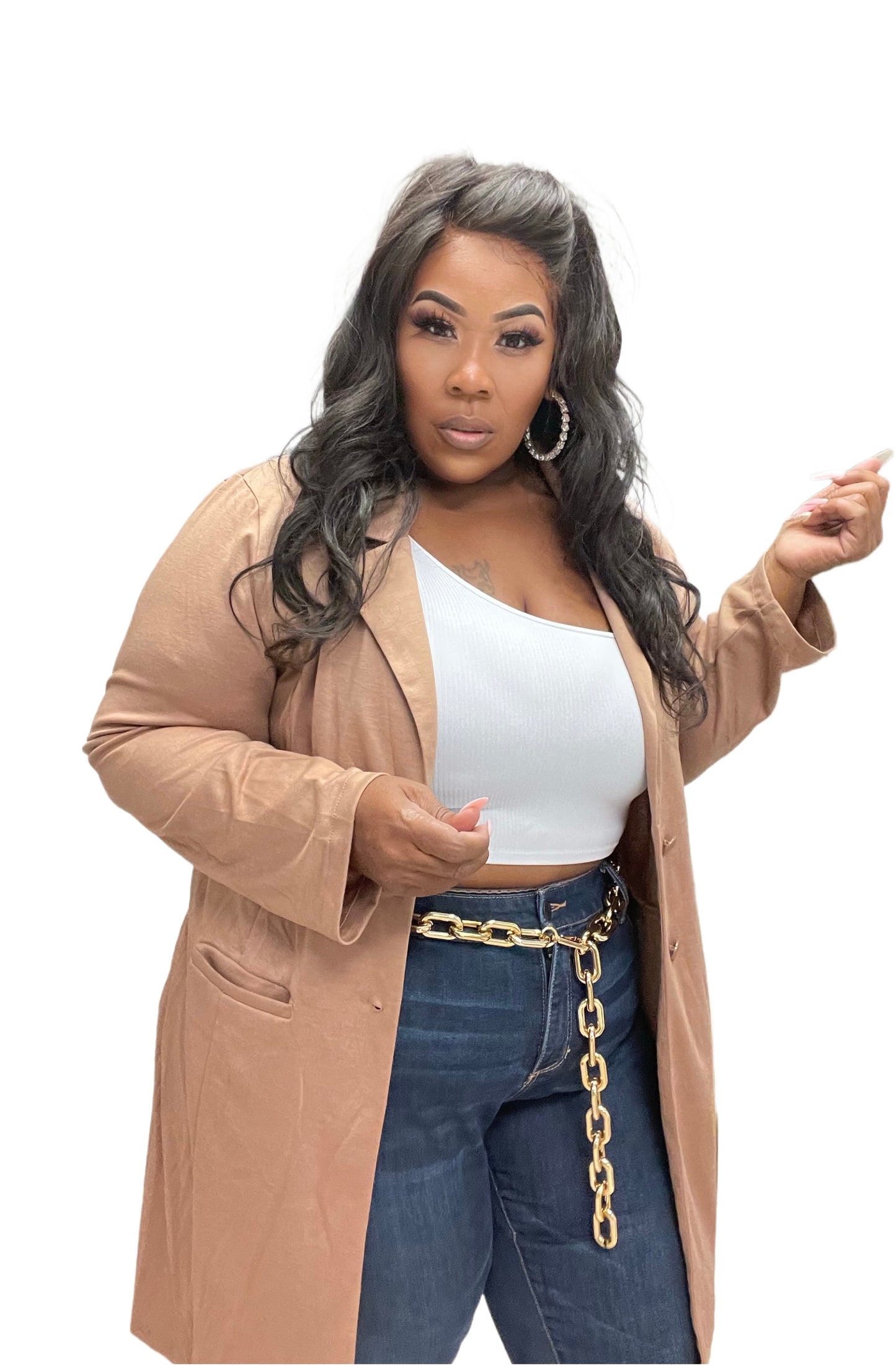 PLUS SIZE LONG DOUBLE BUTTON BLAZER/JACKET-KHAKI