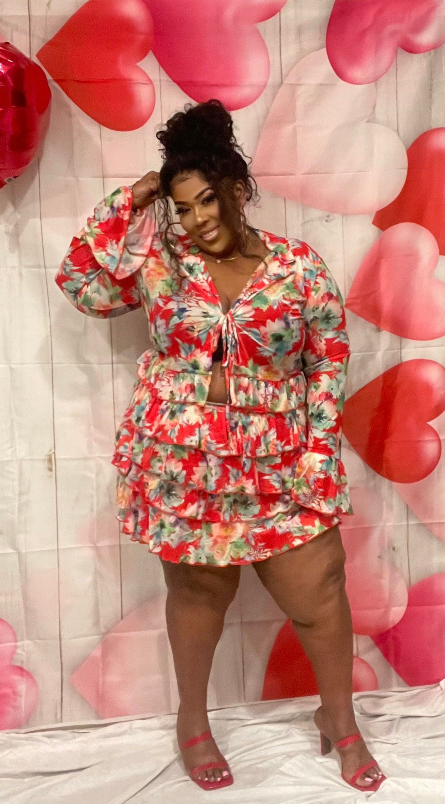 Plus Size 2-Piece Red Floral Ruffle Skirt Set