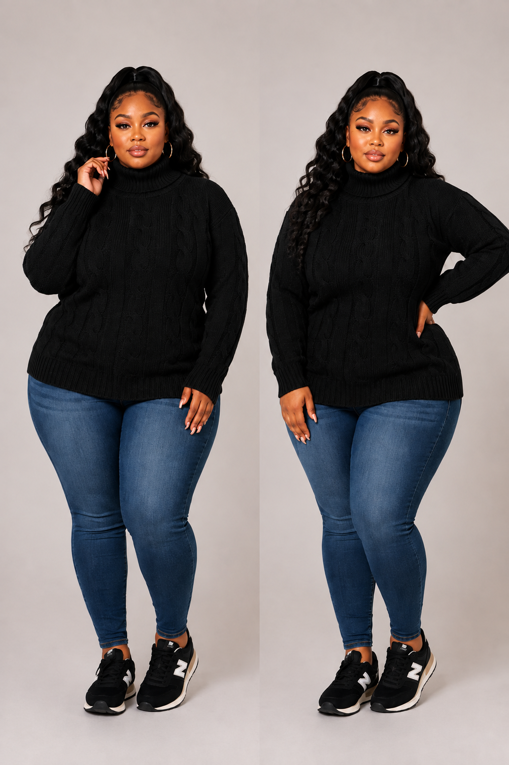 TURTLENCK LONG SLEEVE CABLE SWEATER-BLACK