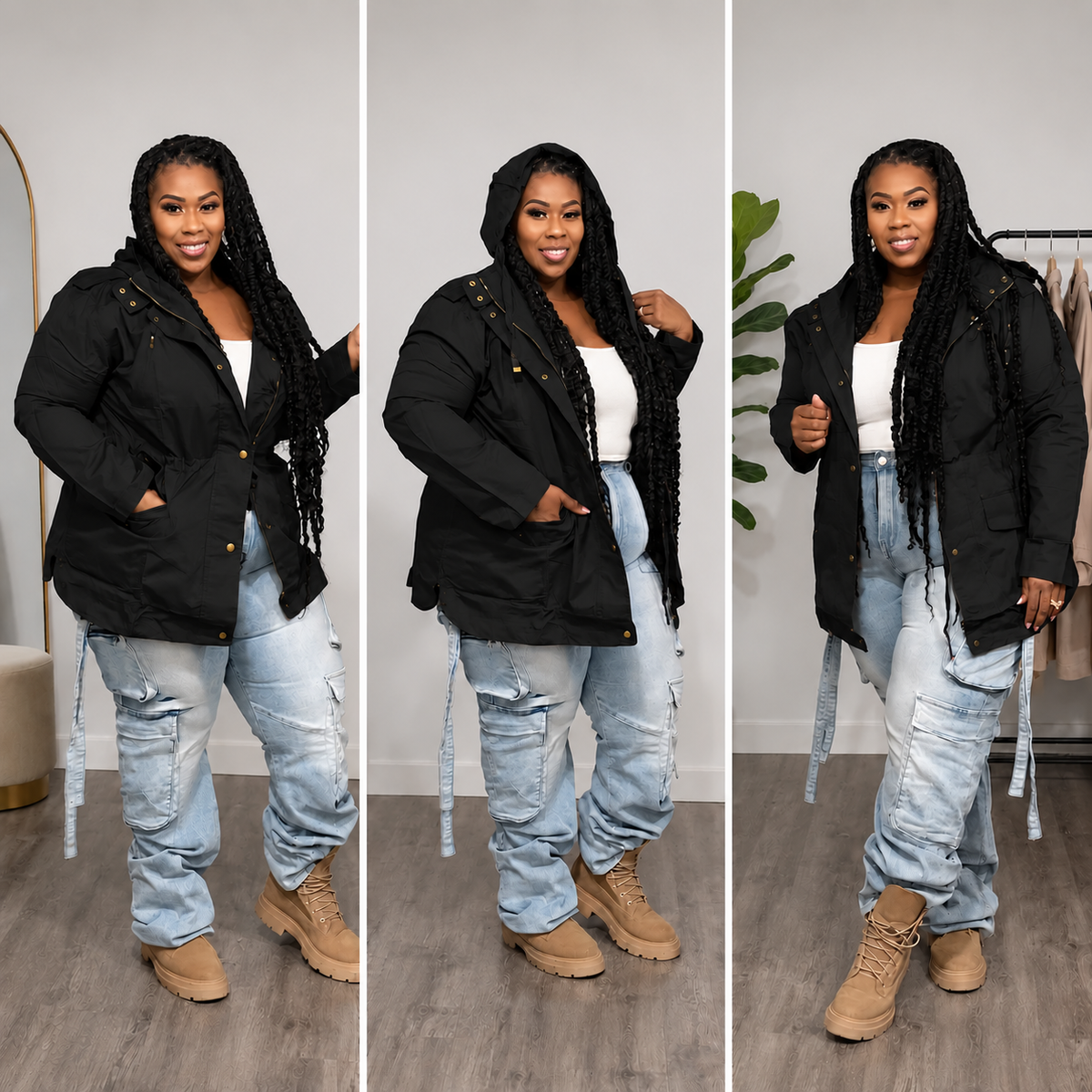 PLUS SIZE HOODED CARGO JACKET-BLACK-14