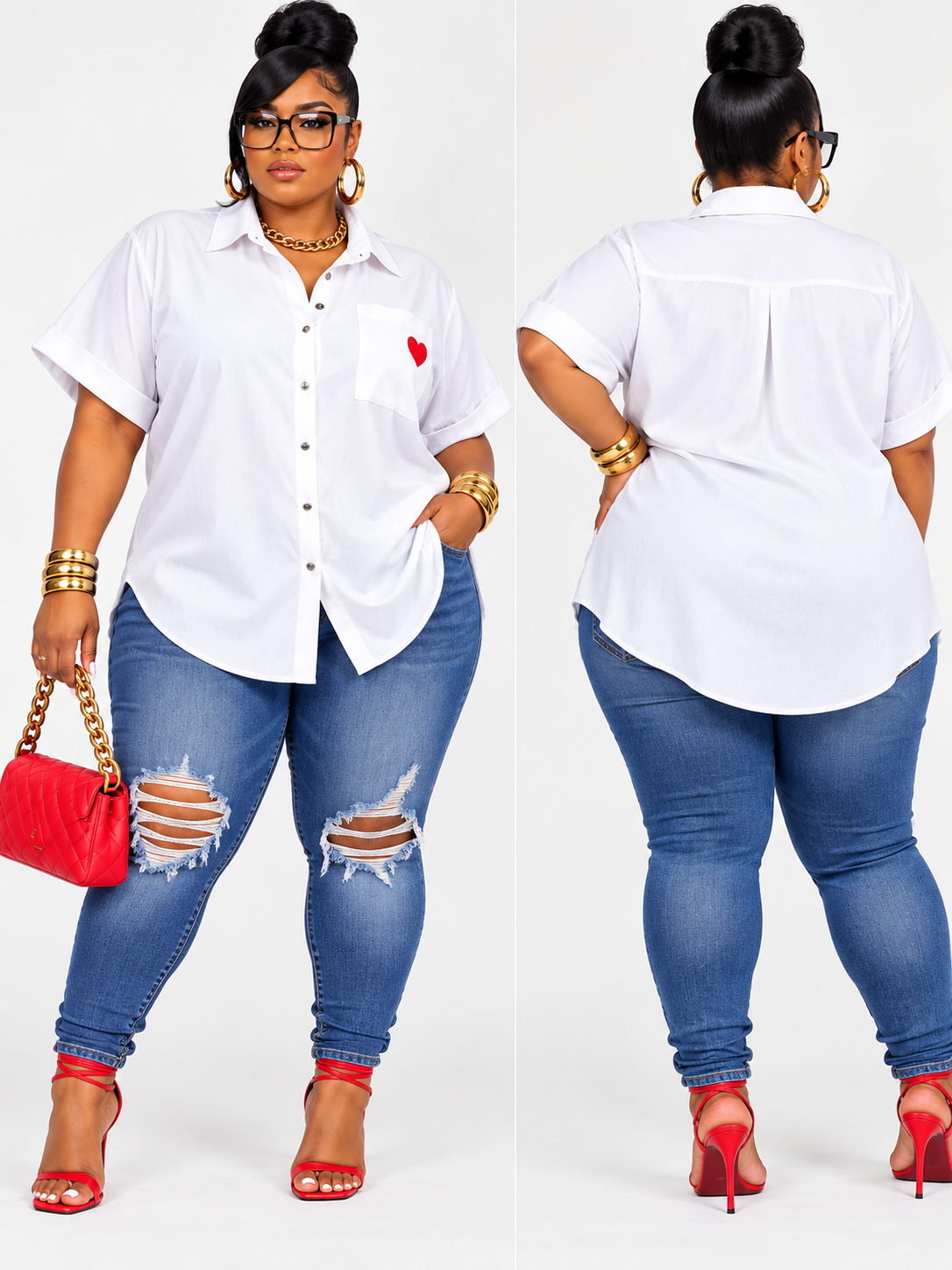 Plus size short sleeve button up front pocket heart blouse-WHITE