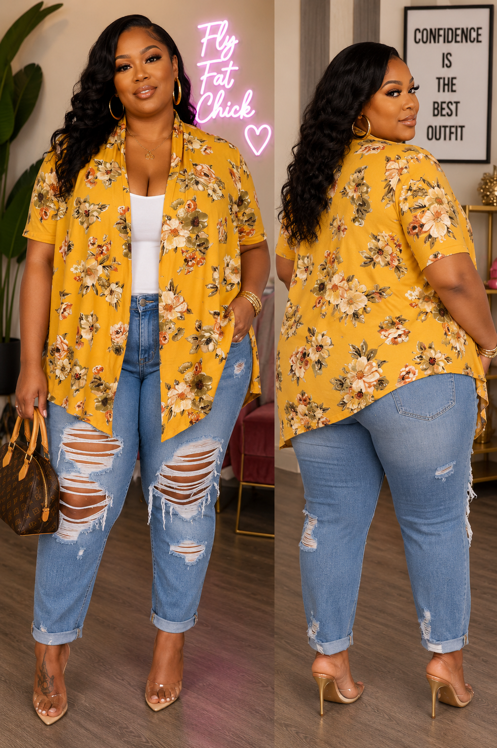 PLUS SIZE "TROPICAL TEASE" OPEN FRONT CARDIGAN-MUSTARD MIX