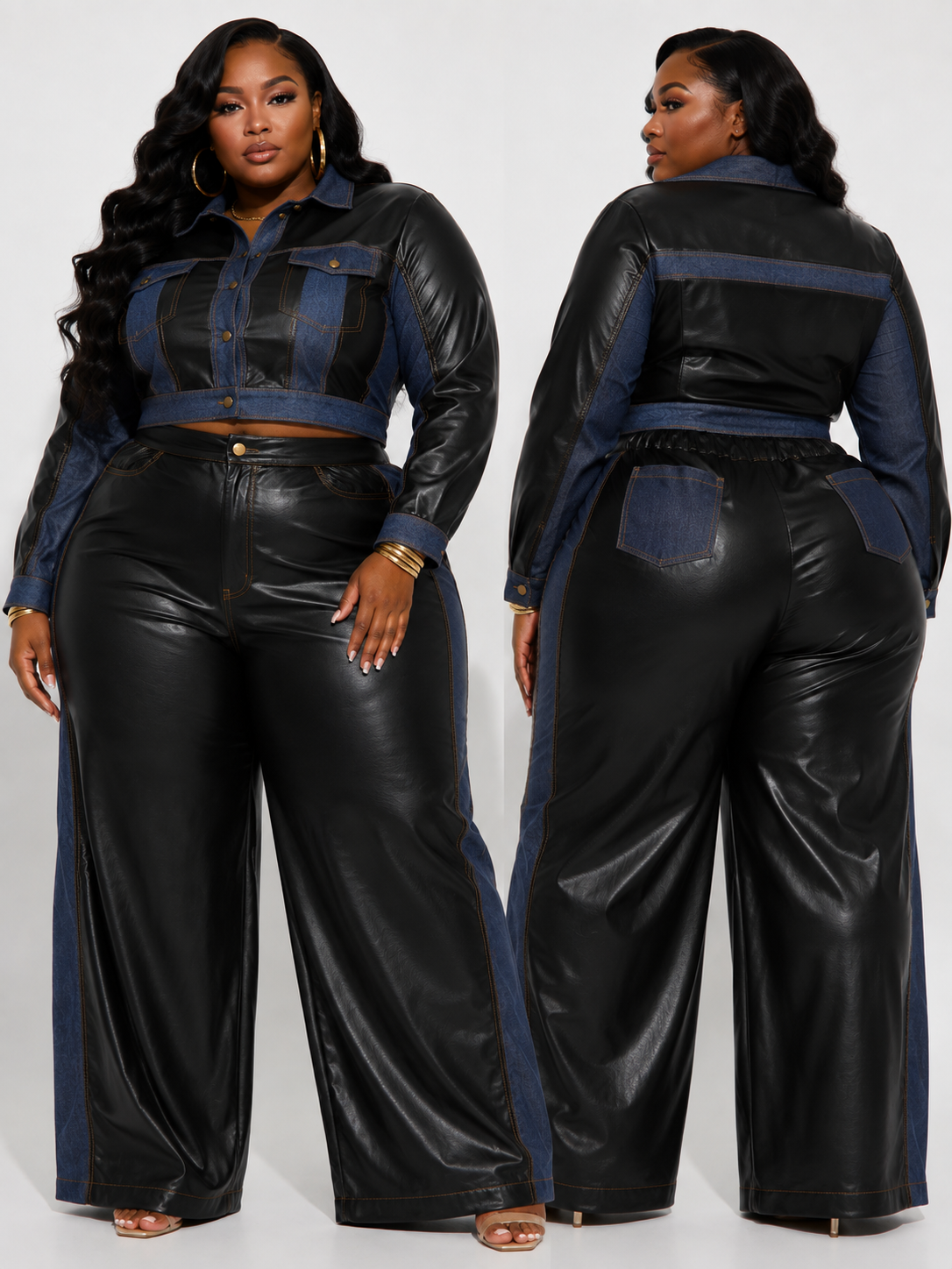 PLUS SIZE FAUX LEATHER 2-PIECE PANT SET-BLACK/DENIM-31