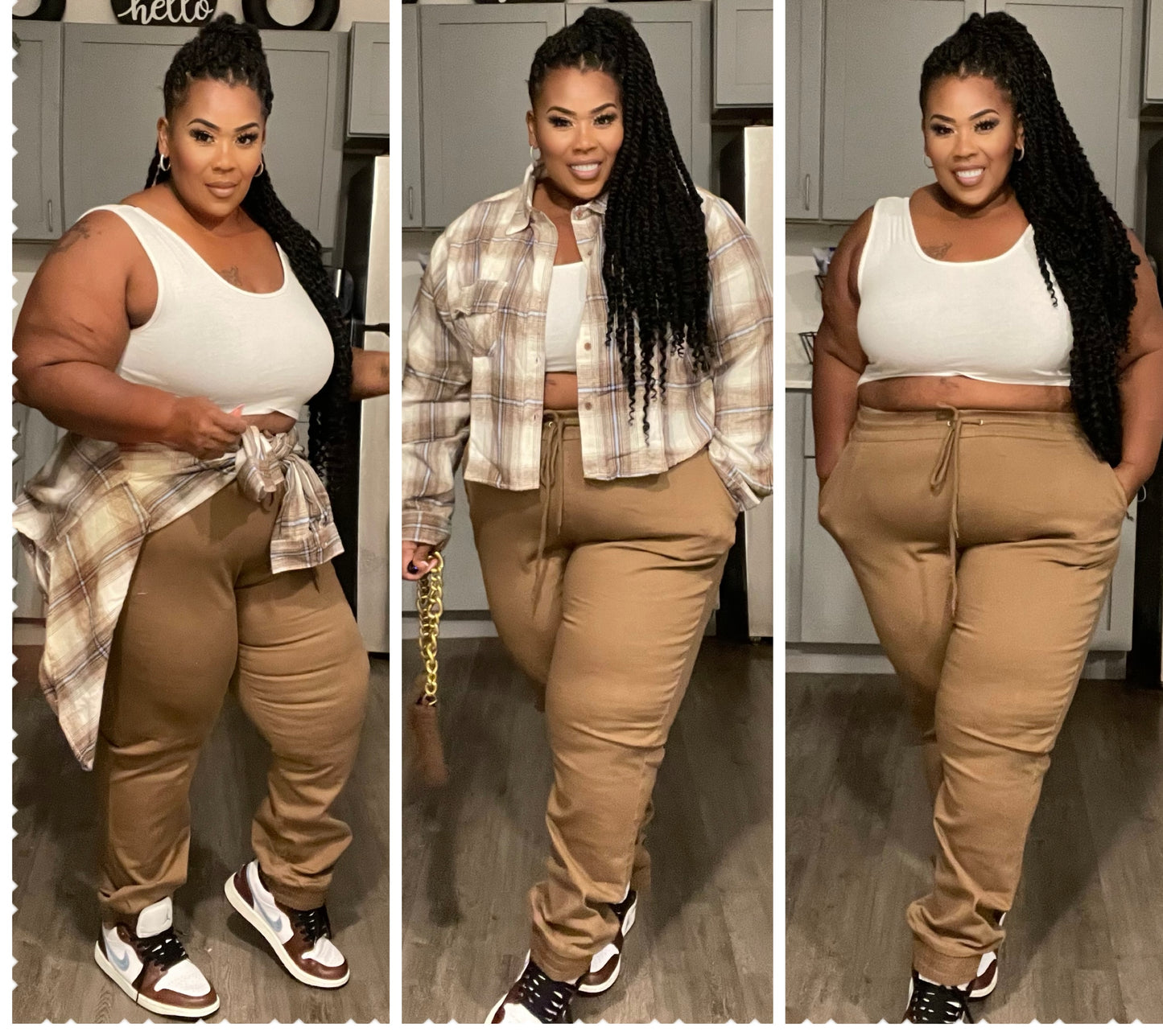 PLUS SIZE CARGO JOGGERS W/POCKETS & DRAWSTRING WAIST TIE-CAMEL
