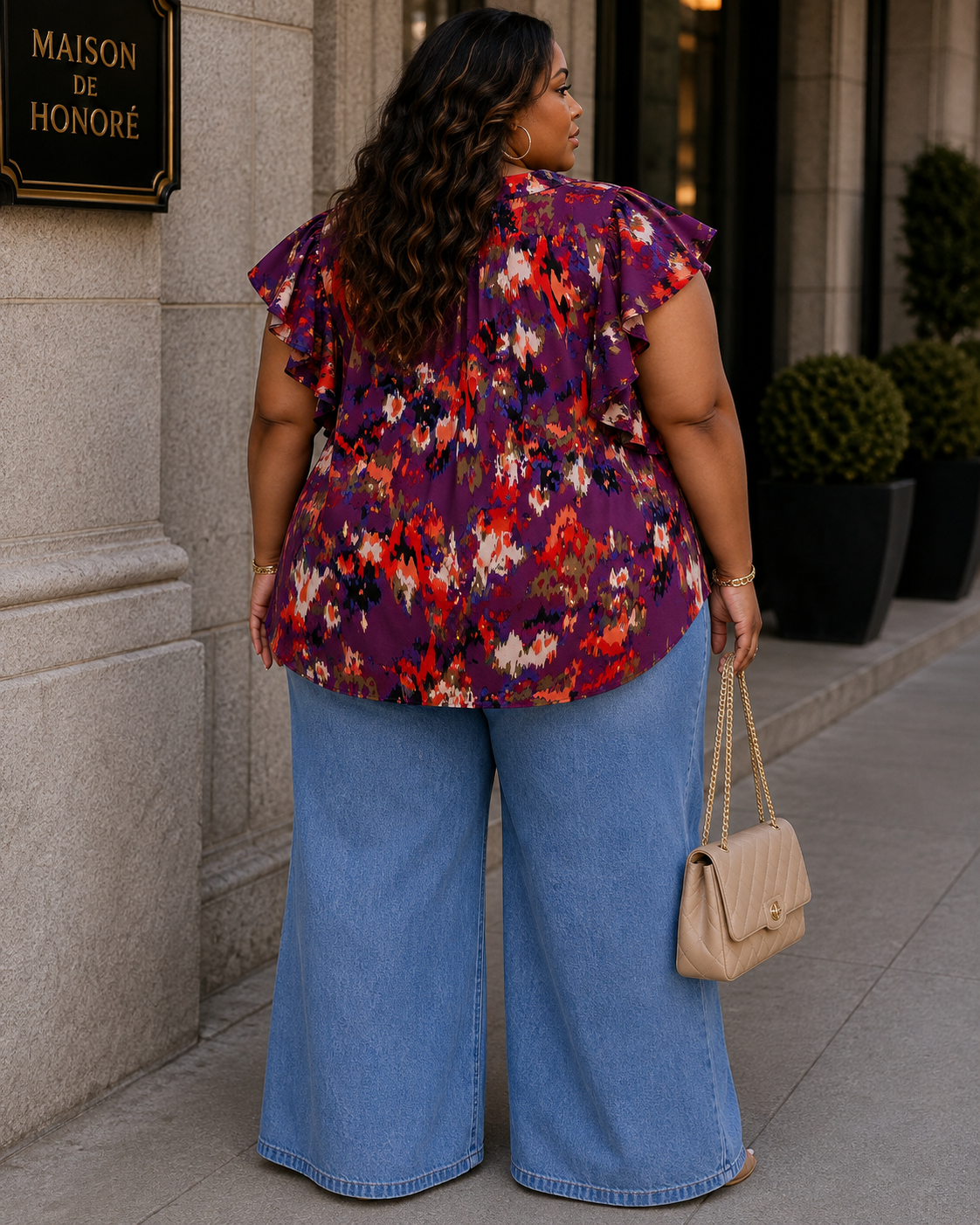 PLUS SIZE MULTI PRINTED RUFFLE SLEEVE TOP