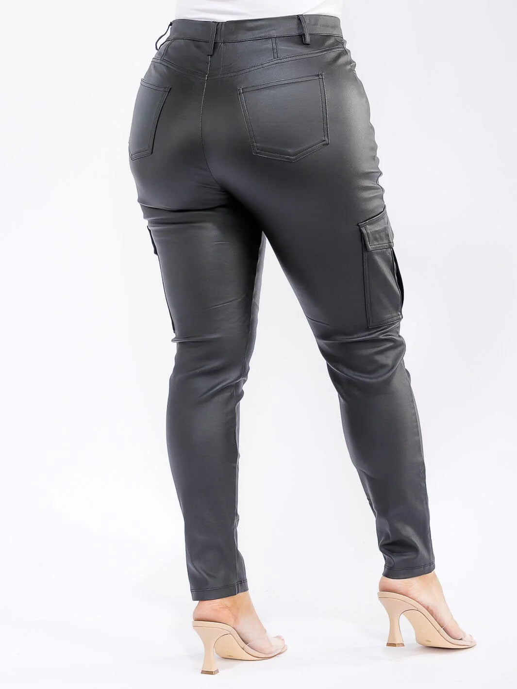 PLUS SIZE CARGO FAUX LEATHER PAINTED ON STRAIGHT LEG PANTS