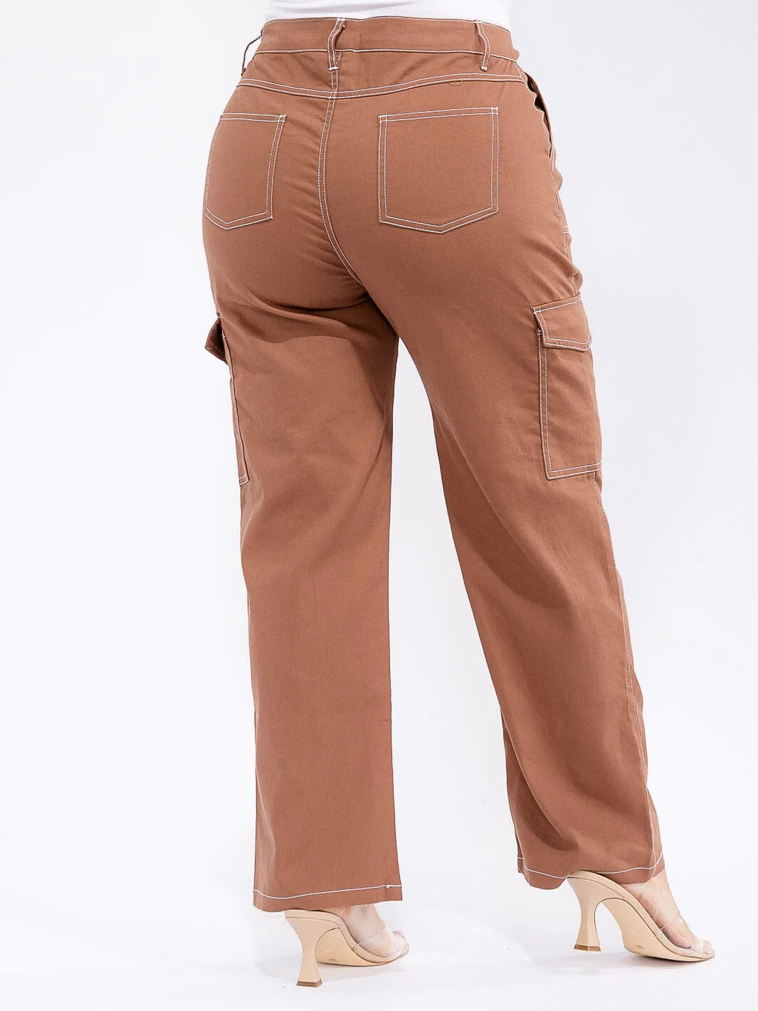 PLUS SIZE CARGO POCKETS WIDE LEG PANTS-BROWN (RUNS SMALL SIZE UP)-43