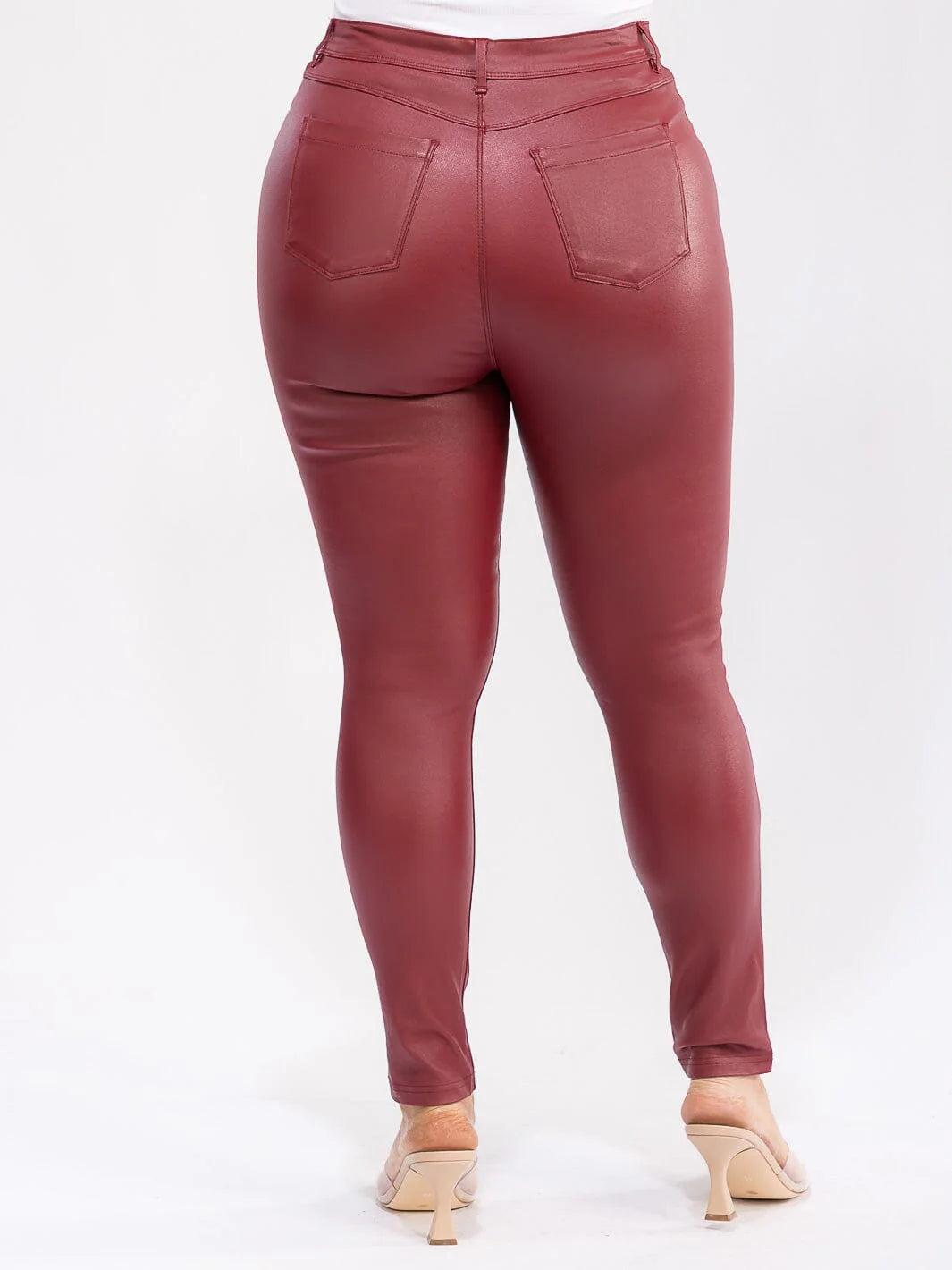 PLUS SIZE FAUX LEATHER PAINTED ON SKINNY STRAIGHT LEG PANTS-BURGUNDY