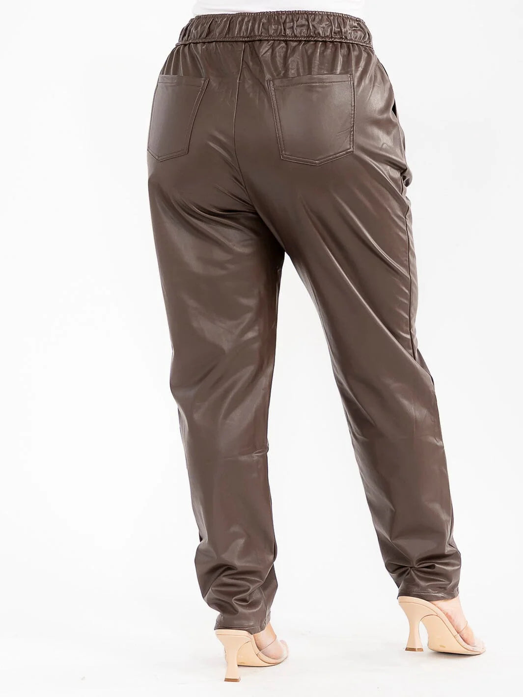 PLUS SIZE FAUX LETTER STRETCHY DRAWSTRING PANTS w/POCKETS-CHOCOLATE-59