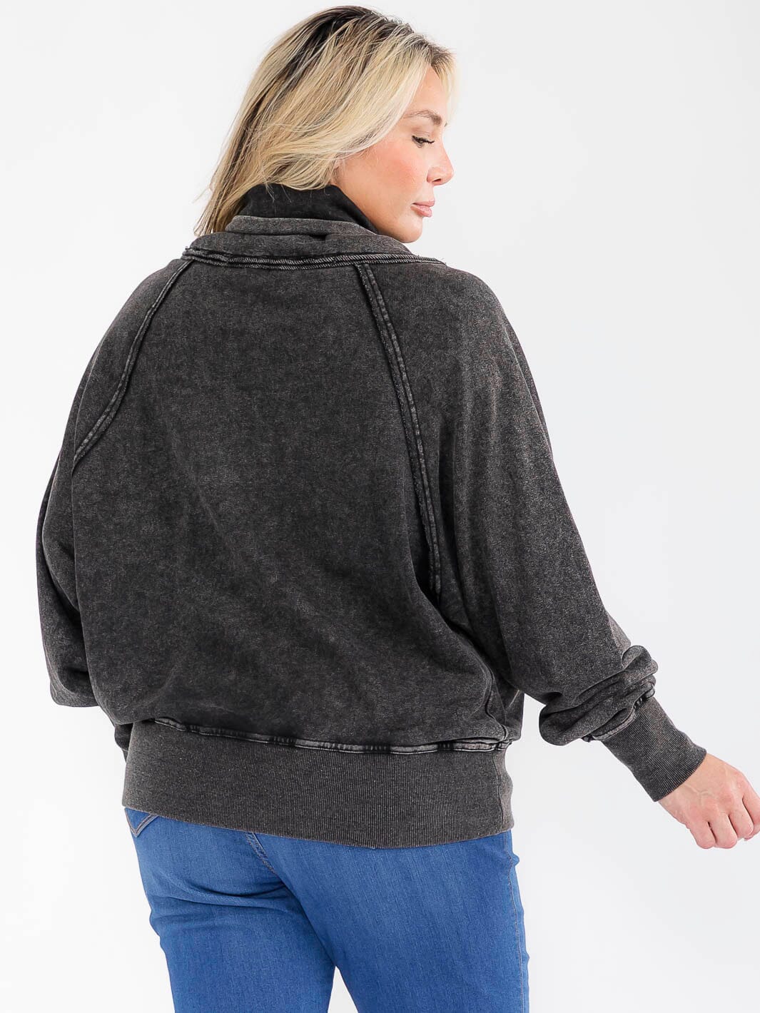 PLUS SIZE OPEN FRONT PULLOVER WASHED SWEATER-BLACK-68