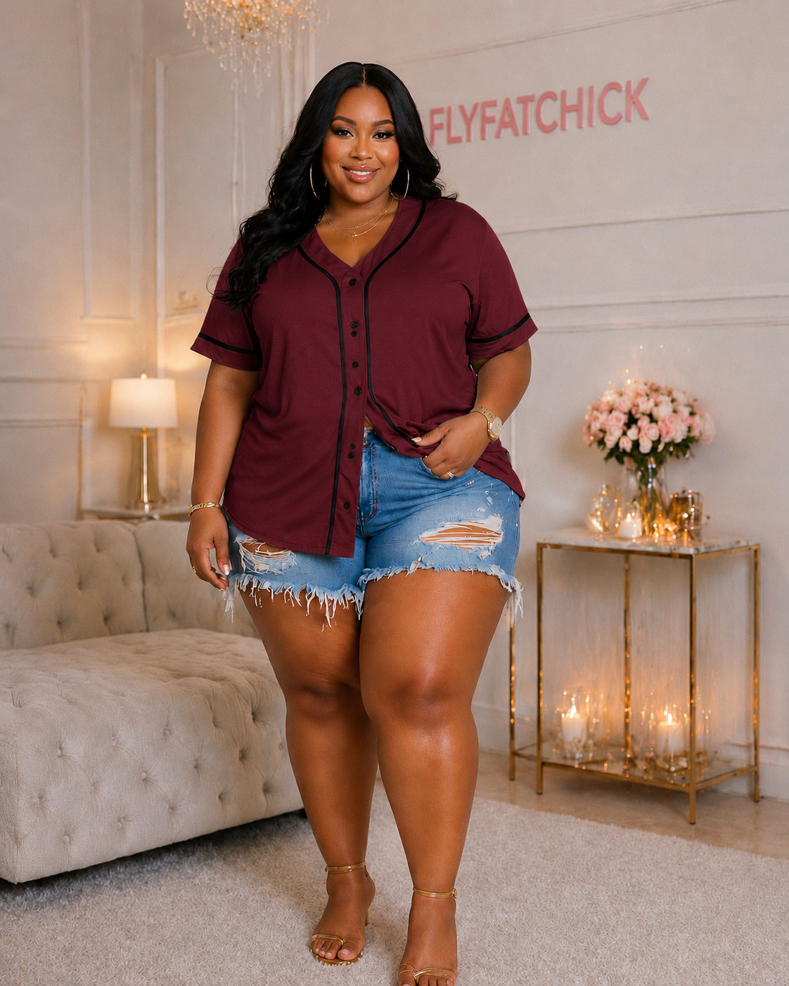 PLUS SIZE BUTTON UP JERSEY TOP-BURGUNDY/BLACK-00