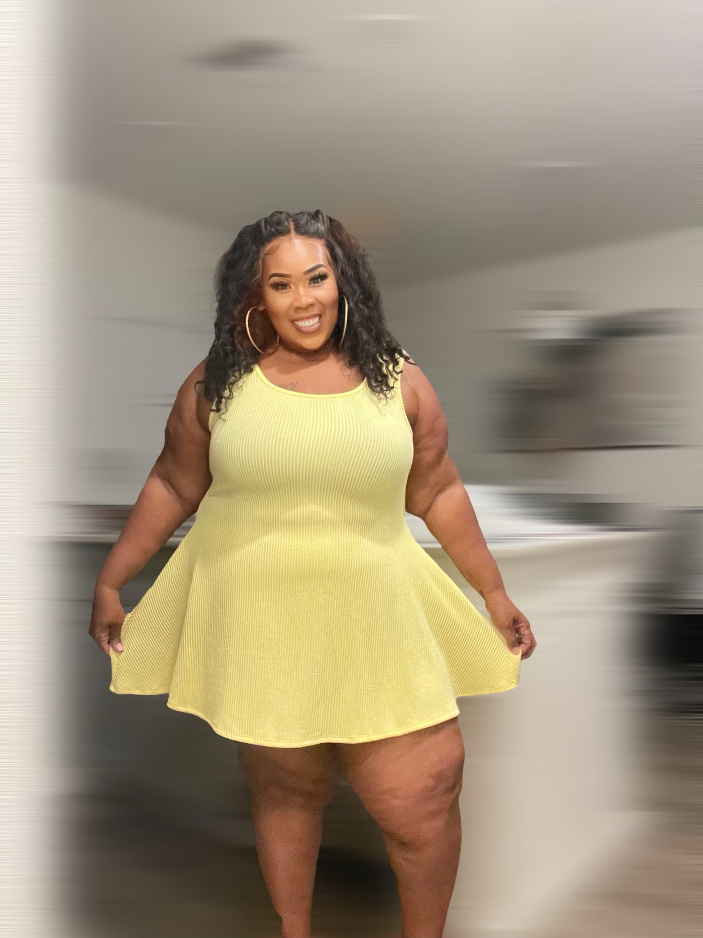 PLUS SIZE RIBBED FLARE MINI DRESS-YELLOW