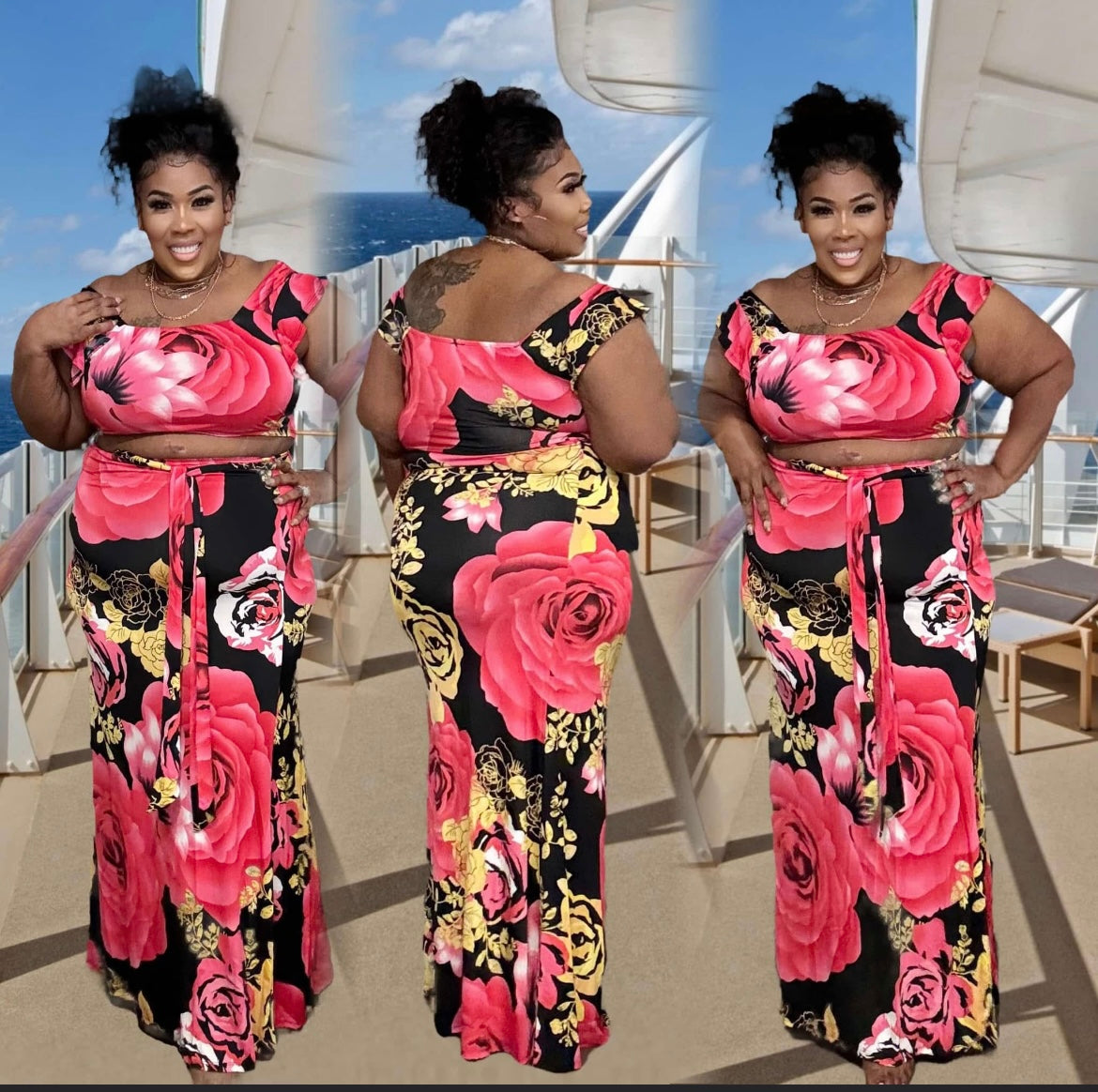 PLUS SIZE RED/BLACK FLORAL 2-PIECE MAXI SKIRT SET