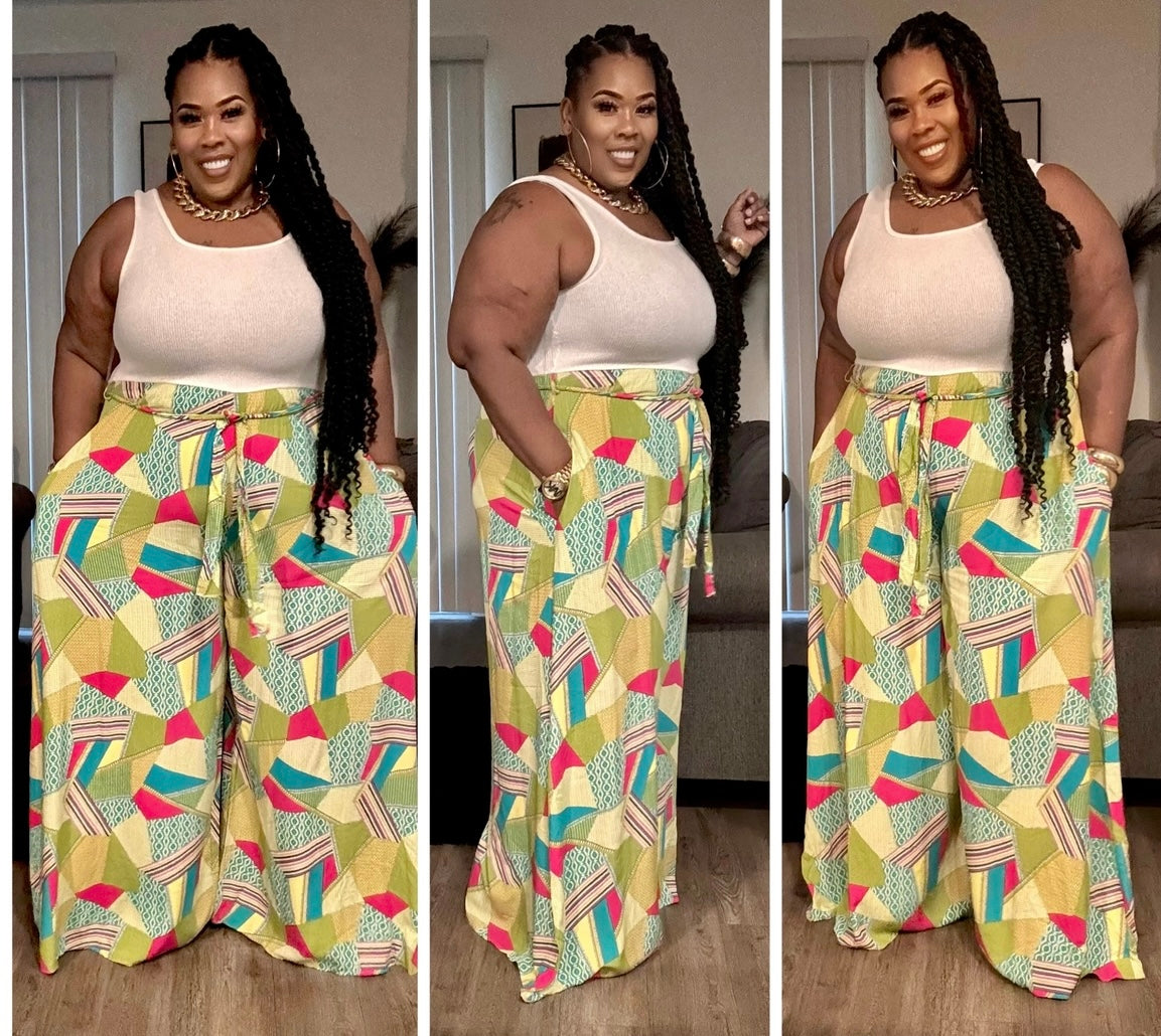 PLUS SIZE MULTI PRINTED GEOMETRIC PRINT WIDE LEG JUMPSUIT