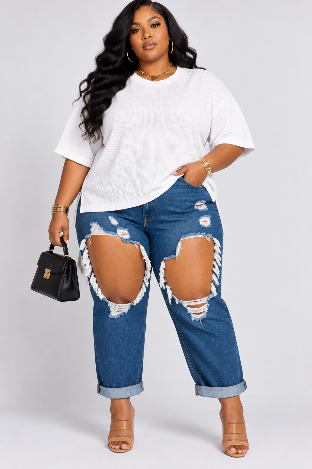 PLUS SIZE Double knit side slits hi low short sleeve top-WHITE