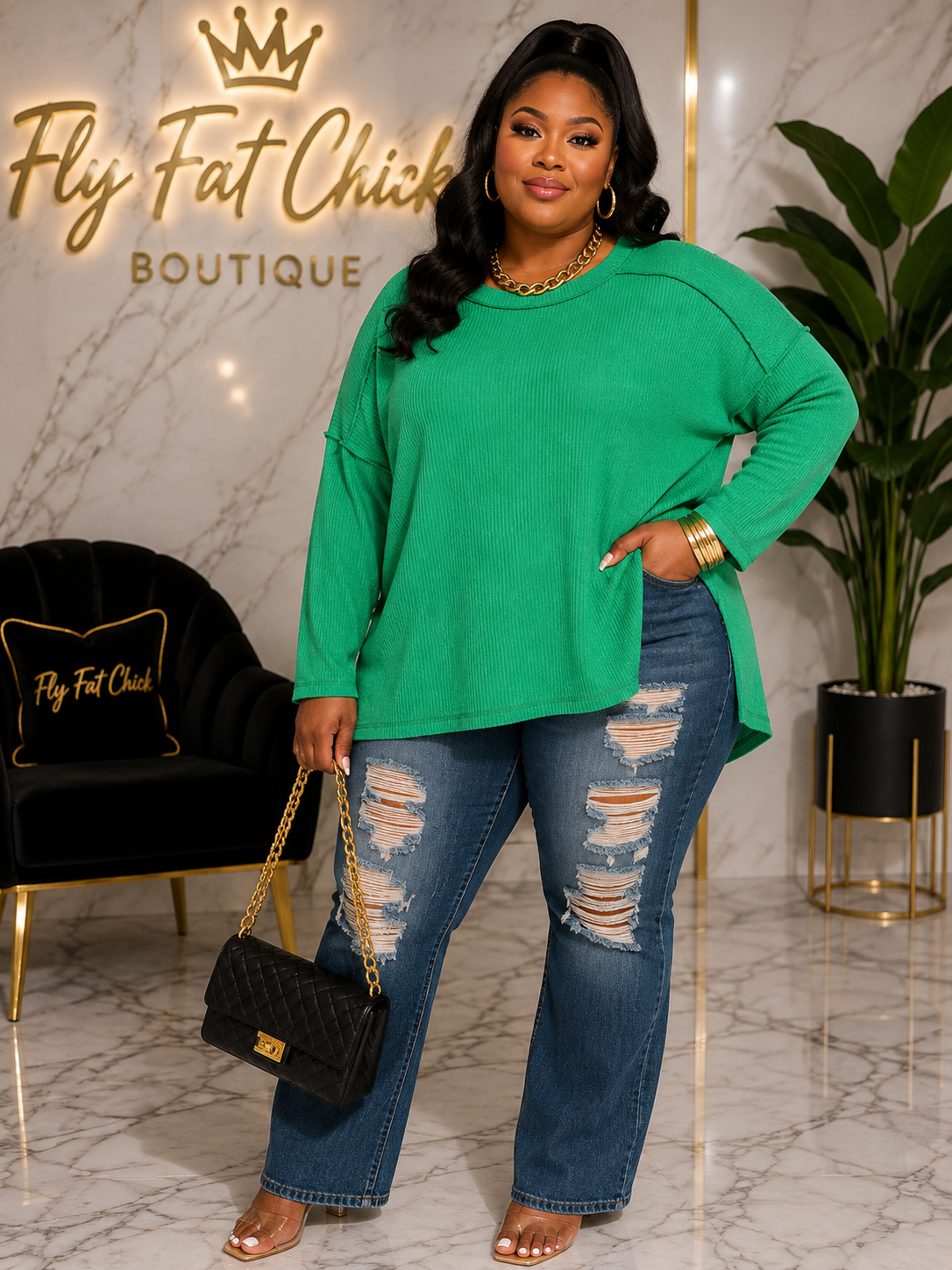 Plus Brushed Ribbed Hacci Hi-low Sweater-KELLY GREEN