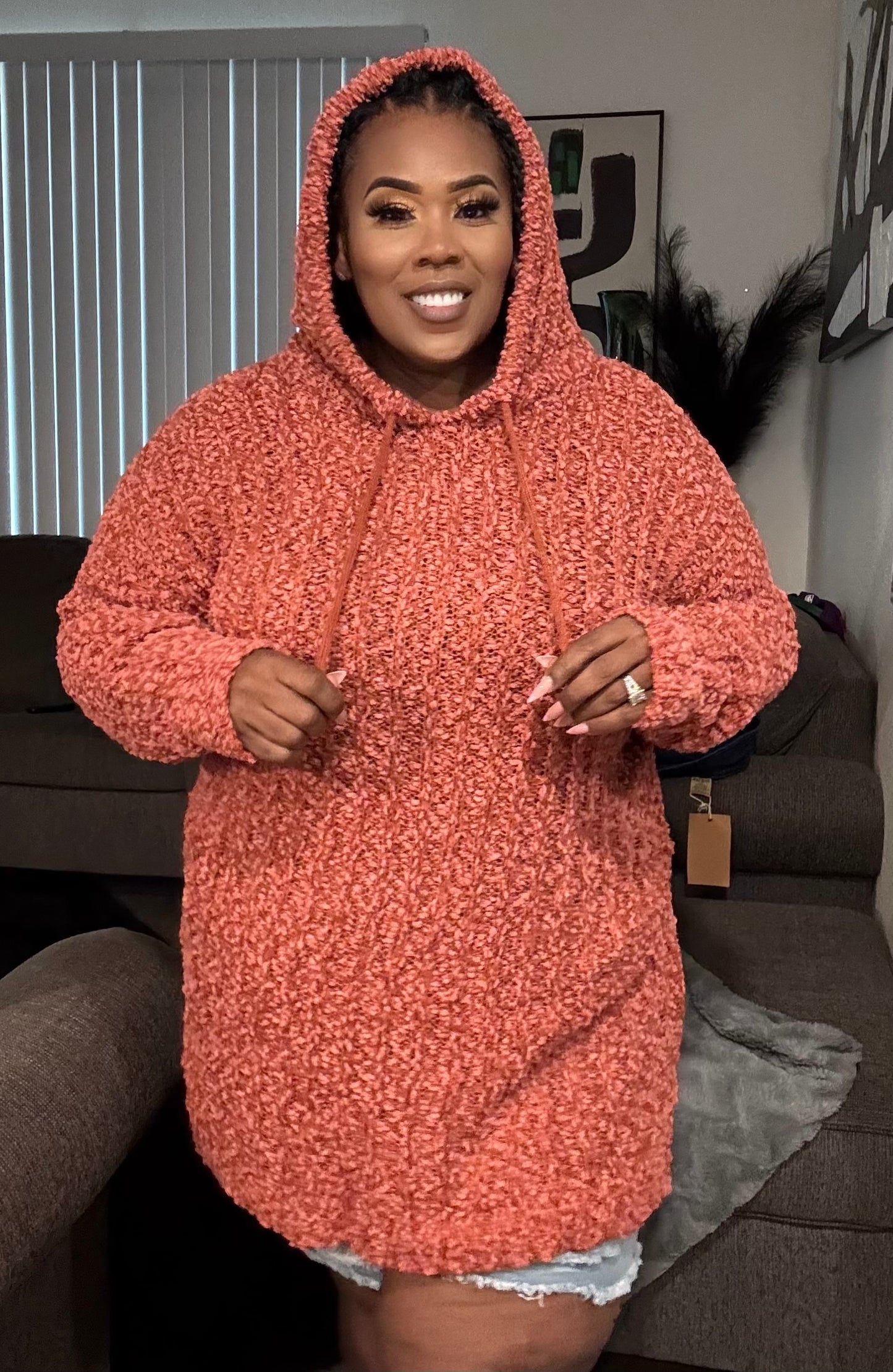 PLUS SIZE POPCORN TUNIC HOODIED SWEATER -RUST