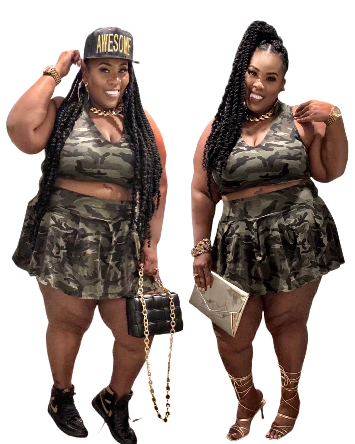PLUS SIZE CAMOFLAGUE 2-PIECE PLEATED SKIRT SET W/BUILT IN PANTIE