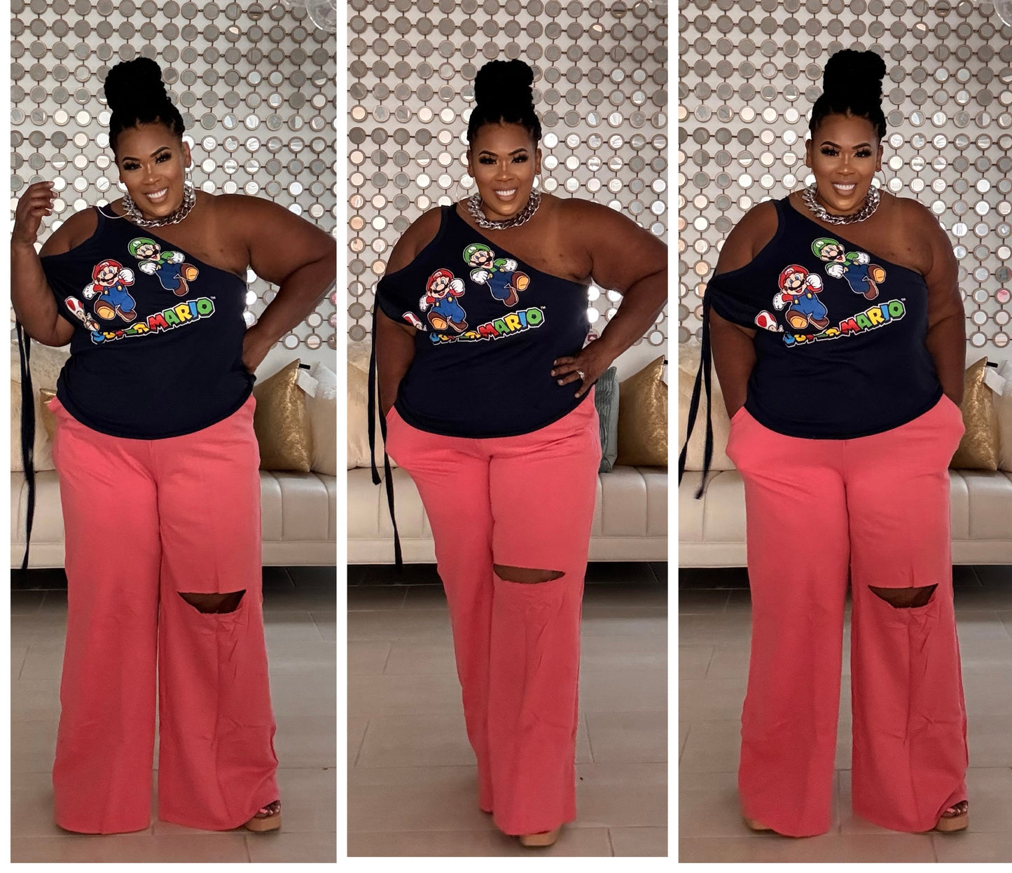 PLUS SIZE WIDE LEG SLICED KNEE -POCKET PANTS-NEON CORAL