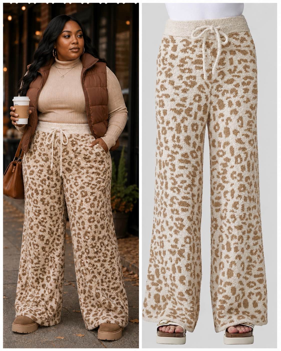PLUS SIZE "Leopard Fuzzy Pants" CREAM/CAMEL-59