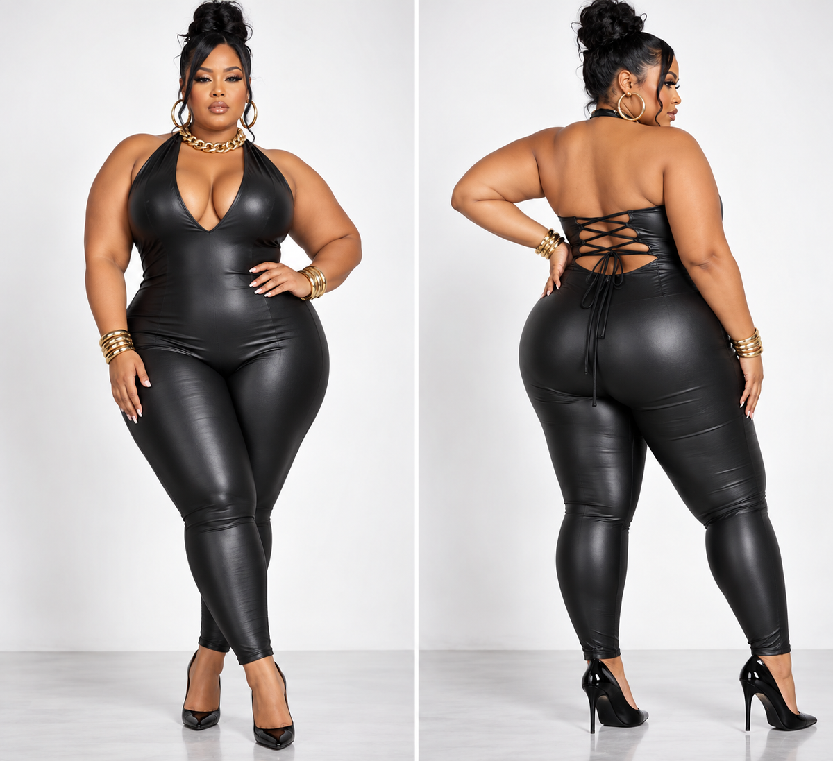 PLUS SIZE FAUX LEATHER CAGED BACK JUMPSUIT-32