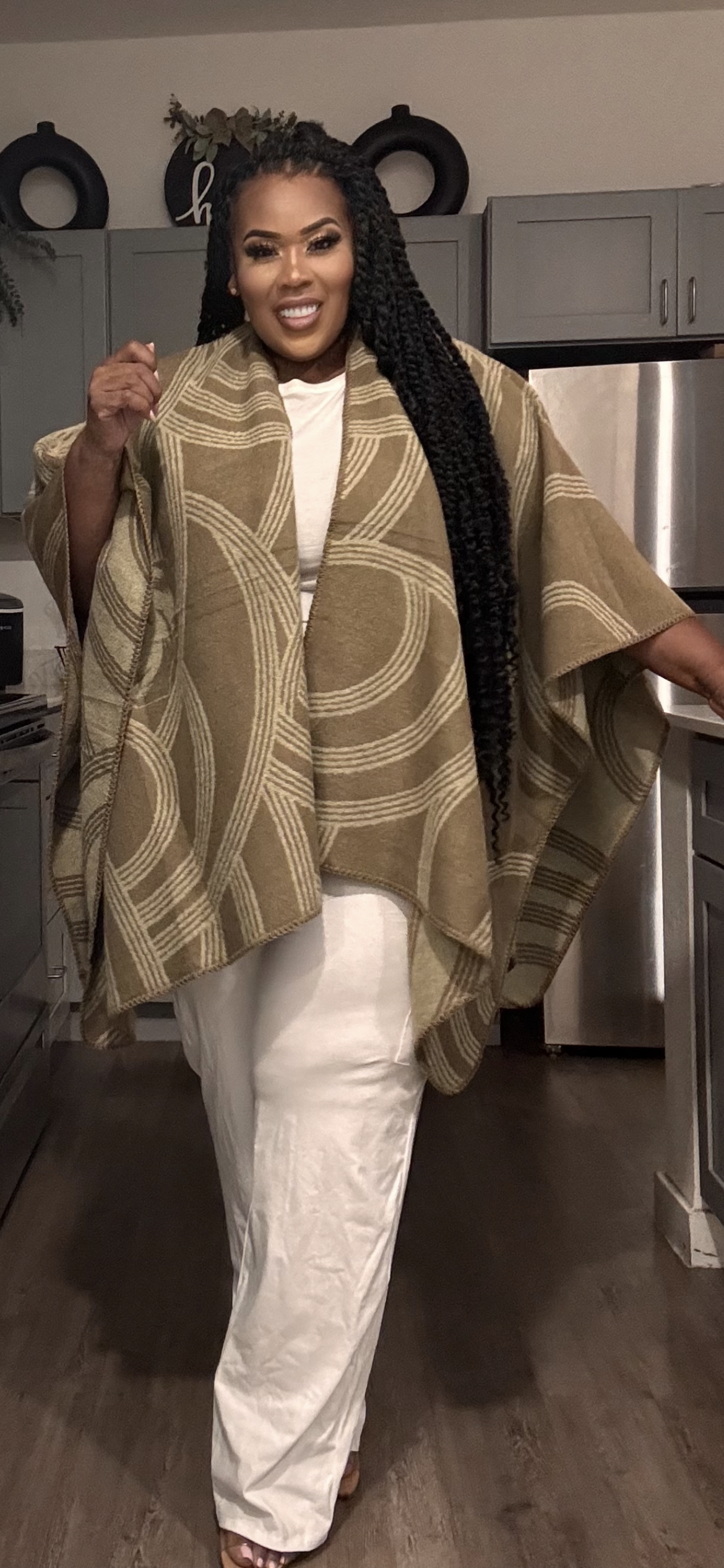 PLUS SIZE GEOMETRIC PRINT OPEN FRONT KIMONO-KHAKI