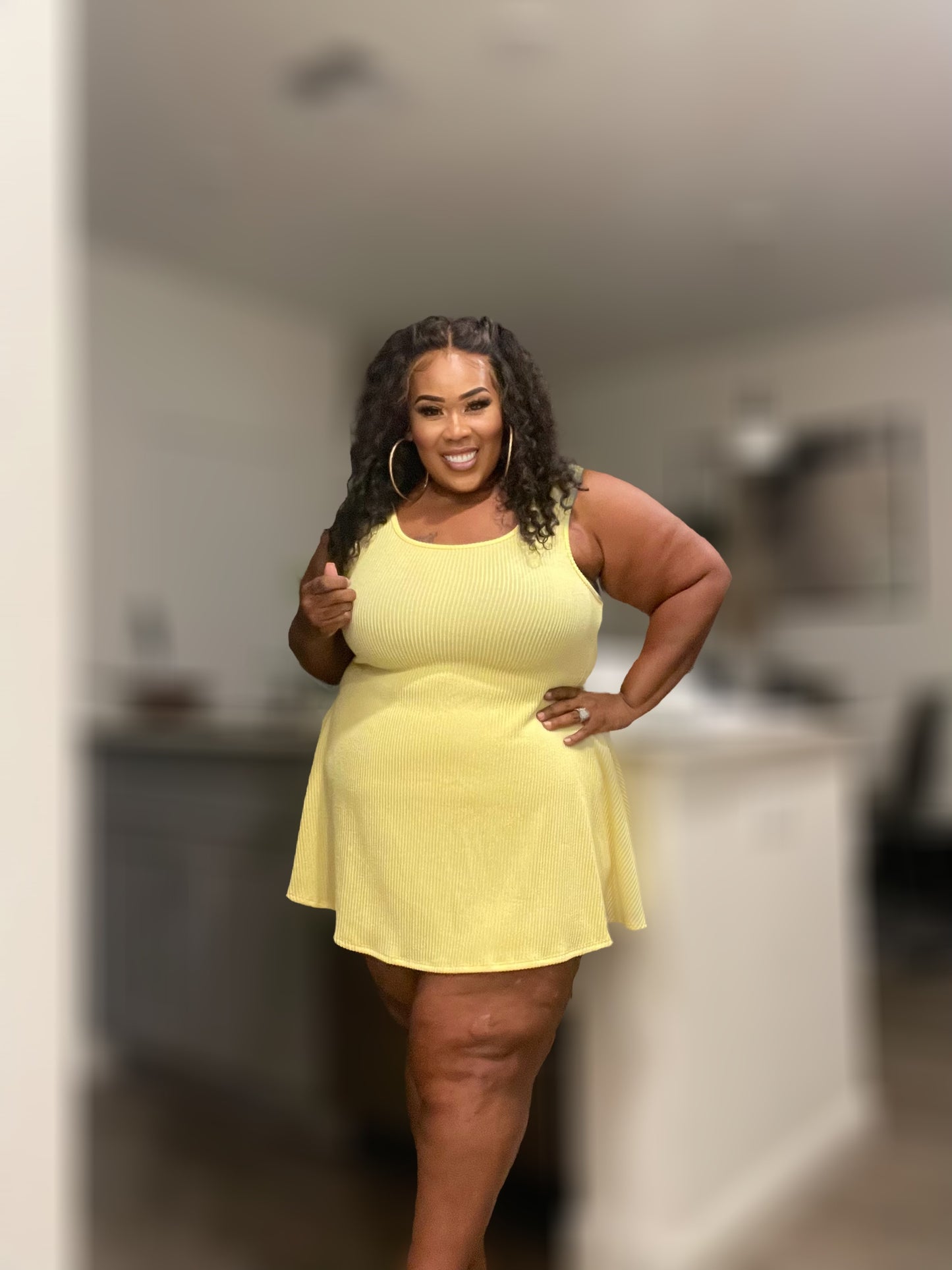PLUS SIZE RIBBED FLARE MINI DRESS-YELLOW