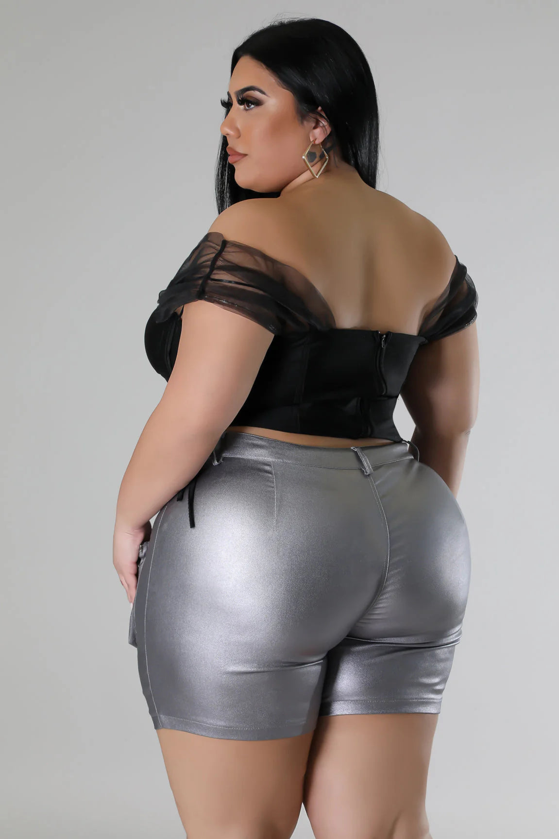 PLUS STRETCHY FAUX LEATHER BIG POCKET SHORTS-PEWTER