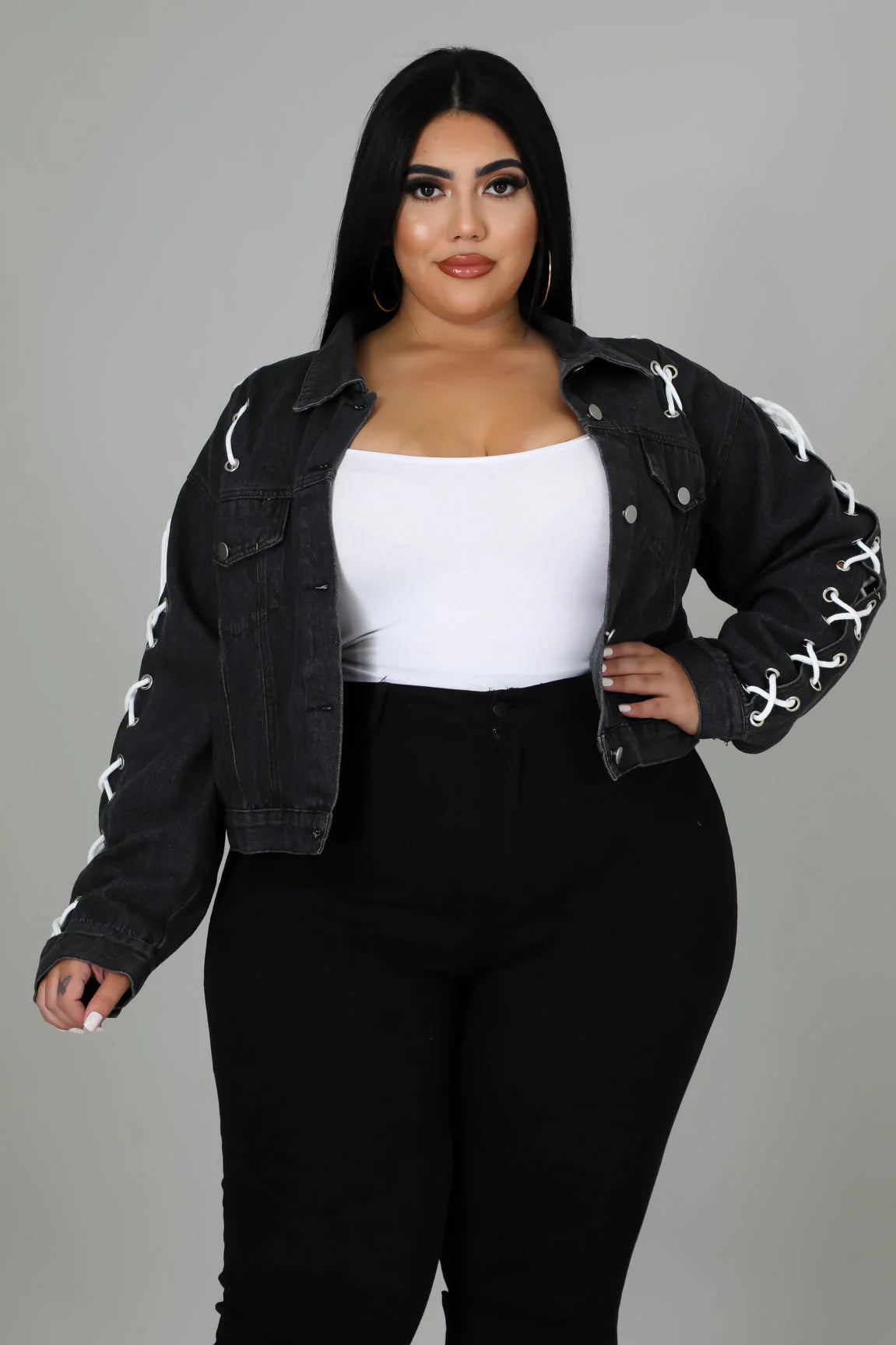 PLUS SIZE STRAIGHT LACE DENIM JACKET-BLACK-32