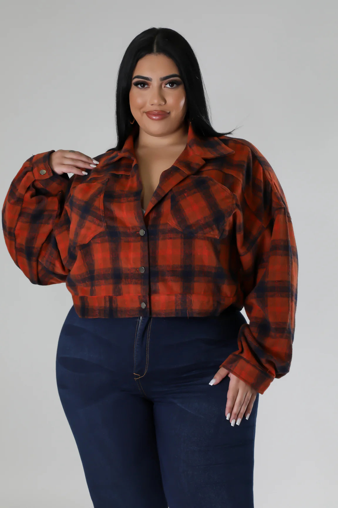 PLUS SIZE RUST PLAID BUTTON UP TOP