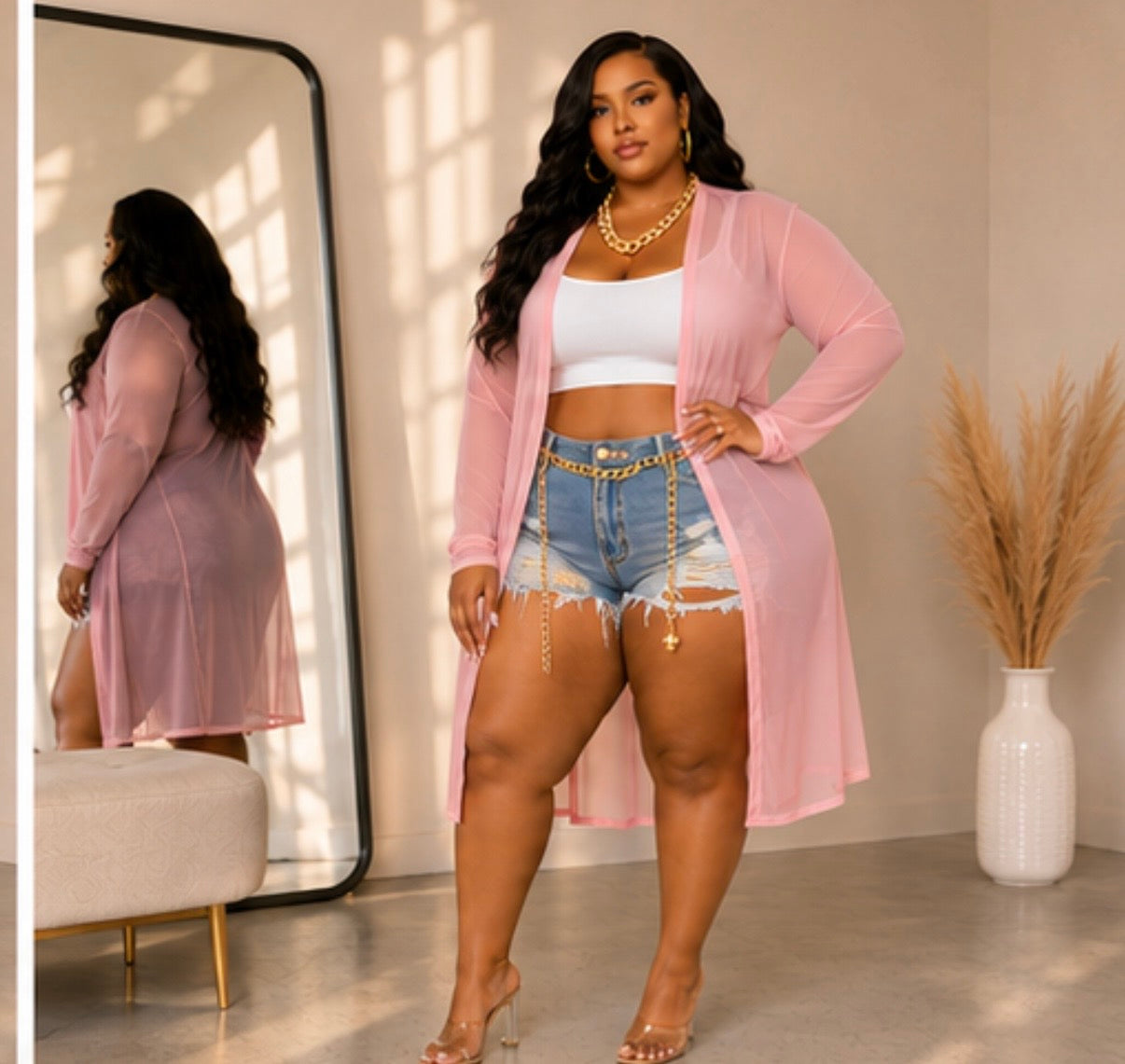 PLUS SIZE "SHEER PRESSURE DUSTER"-BABY PINK-69