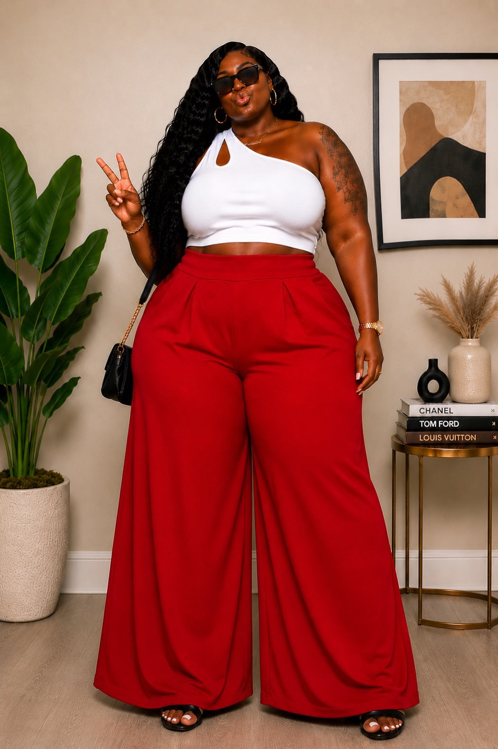 PLUS SIZE "CEO MOTION" STRETCHY PALAZZO PANTS-RED-44