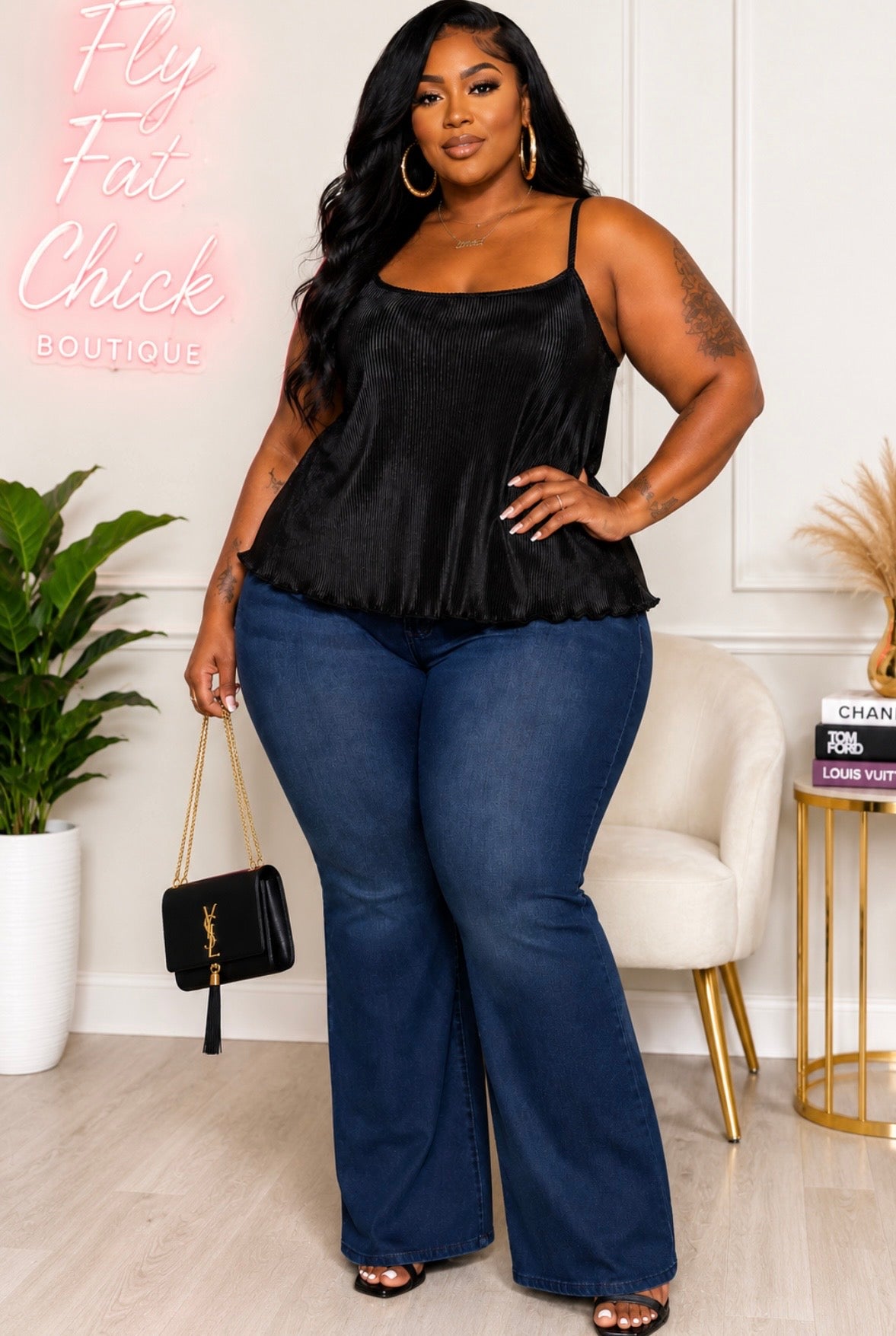Plus Size Black Satin Sass Pleated Cami-66