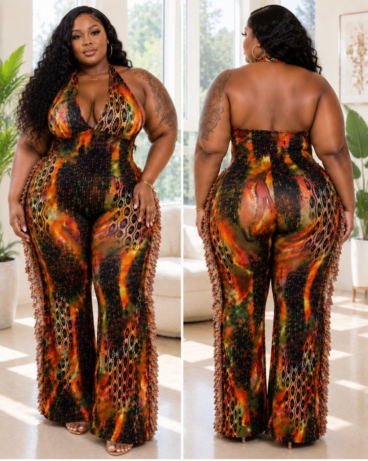 PLUS SIZE "FRINGE BENEFITS" JUMPSUIT RUST MIX-56