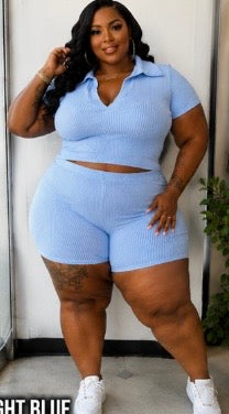 PLUS SIZE "SOMETHING SLIGHT" 2-PIECE RIBBED SHORT SET-BABY BLUE-29
