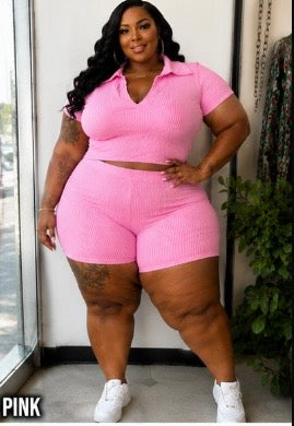 PLUS SIZE "SOMETHING SLIGHT" 2-PIECE RIBBED SHORT SET-LIGHT PINK-29