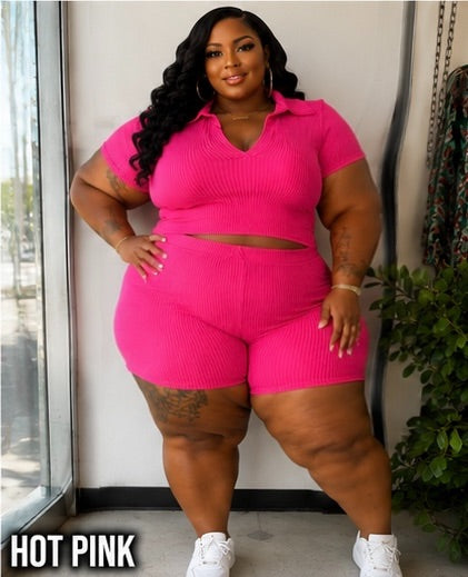 PLUS SIZE "SOMETHING SLIGHT" 2-PIECE RIBBED SHORT SET-HOT PINK-29