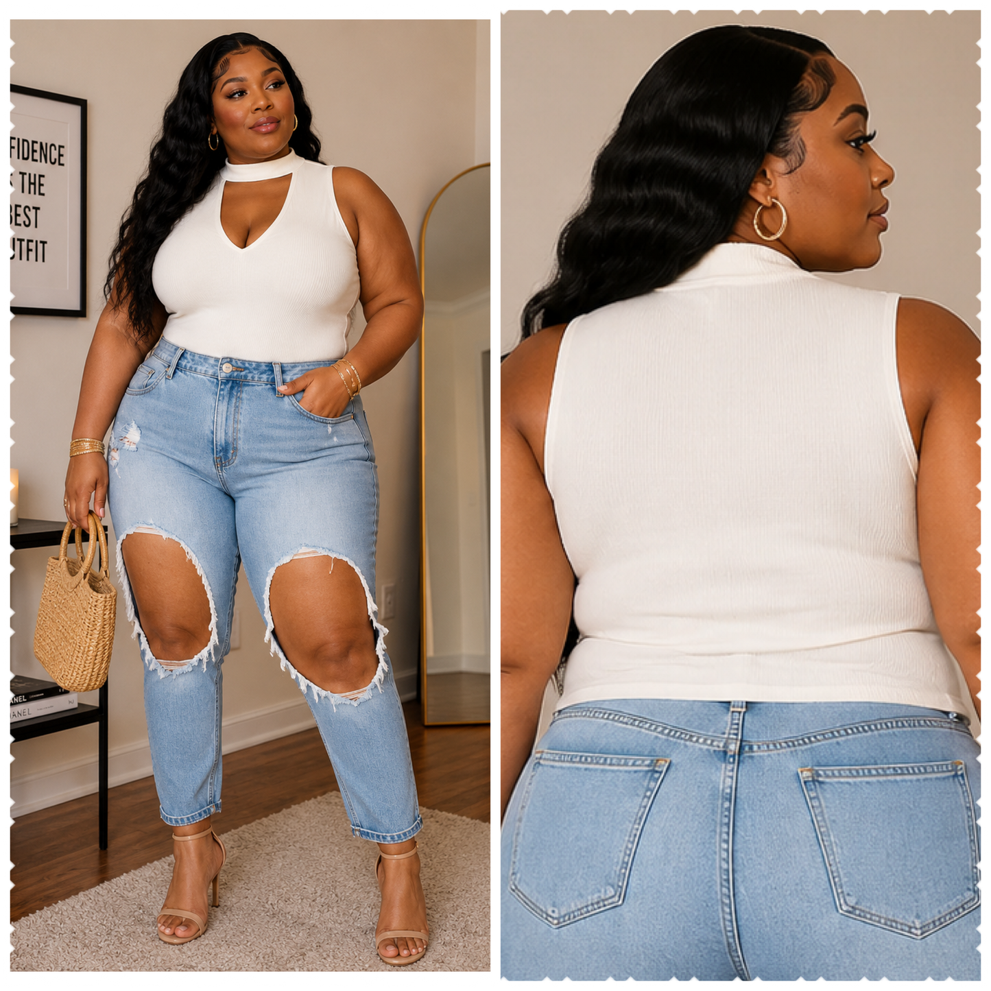 PLUS SIZE OFF WHITE CHOKER V-NECK RIBBED SLEEVELESS TOP-07